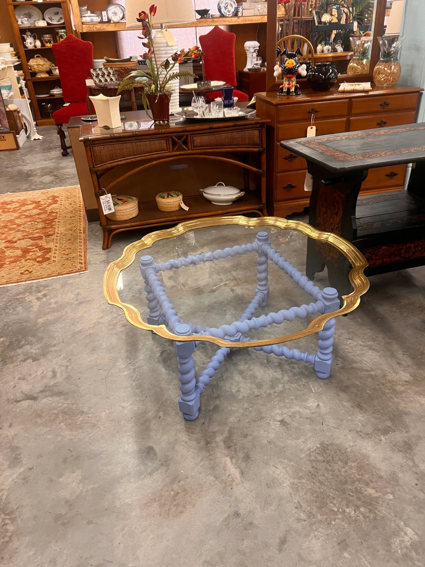 Scalloped Edge Gold Trim and Glass Coffee Table