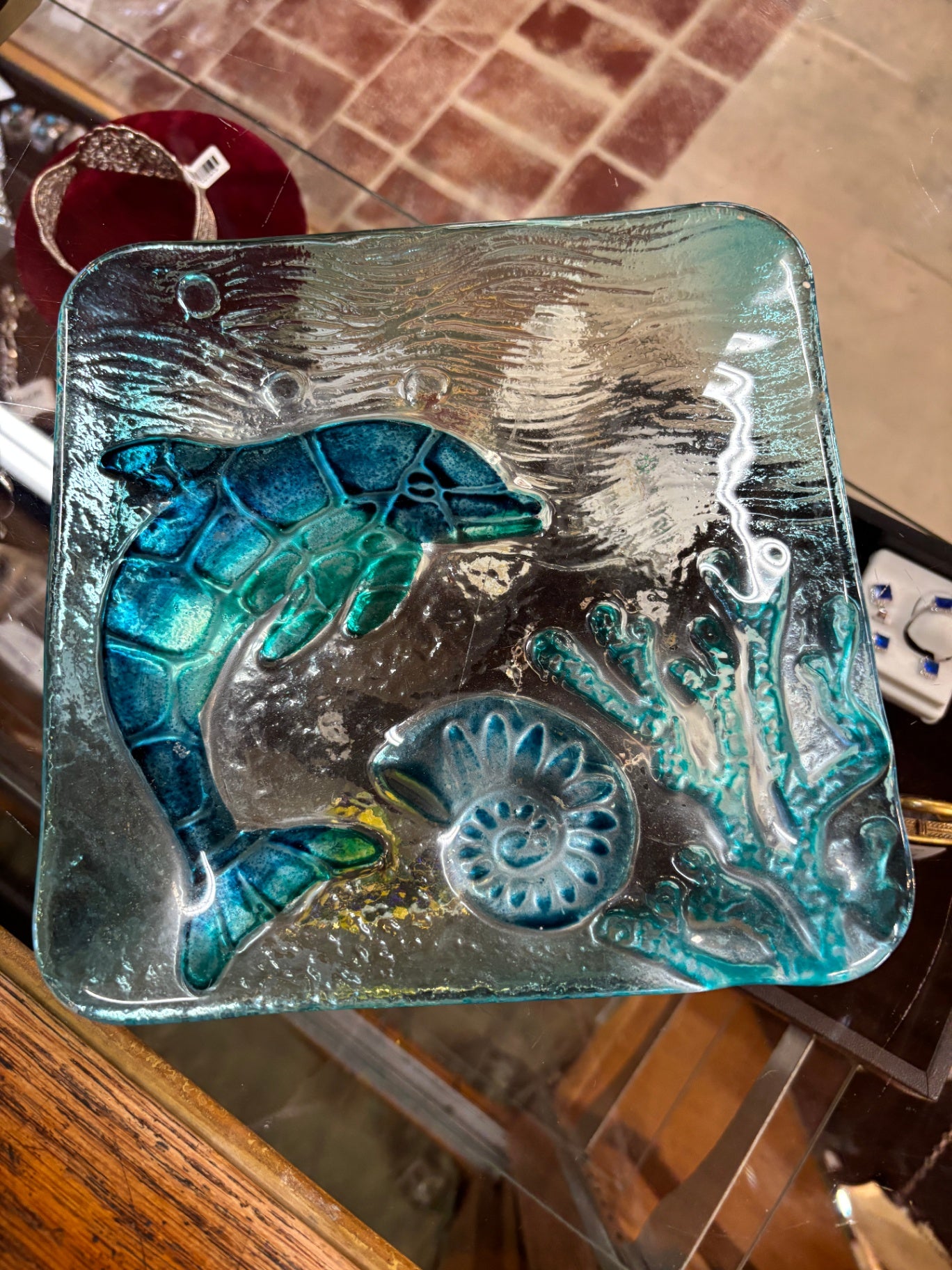 Vintage Coastal Art Glass Dolphin Decorative Plate