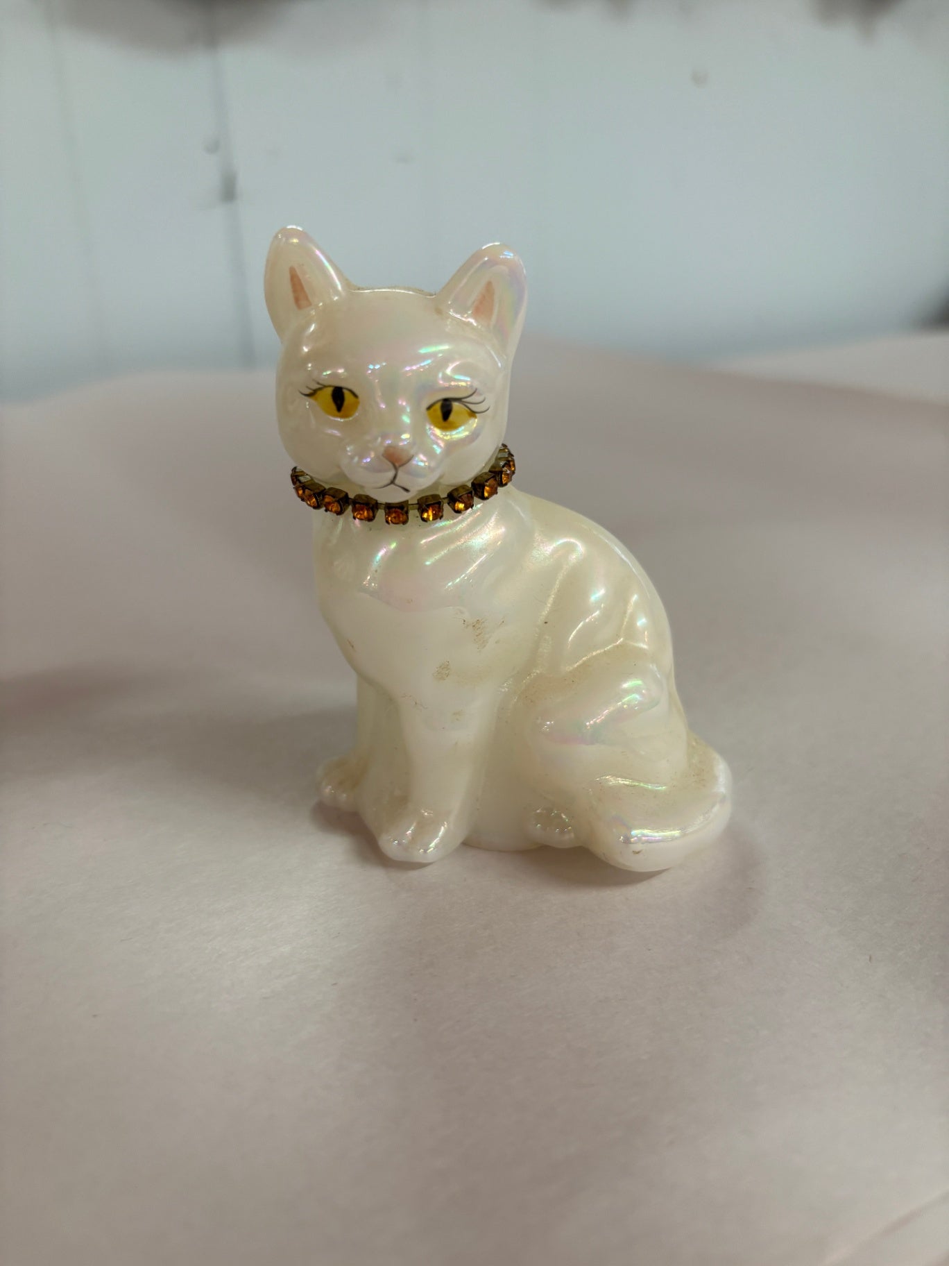 Vintage Iridescent White Porcelain Cat Figurine with Rhinestone Collar