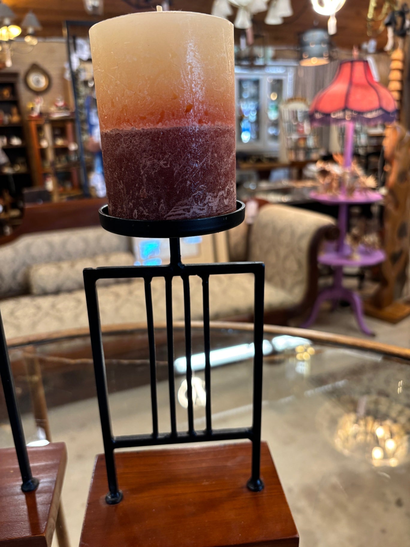 Modern Mission Style Iron & Wood Pillar Candle Holde