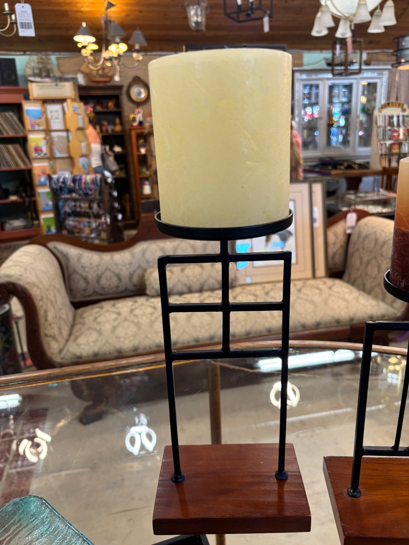 Modern Geometric Iron & Wood Pillar Candle Holder – Windowpane Design