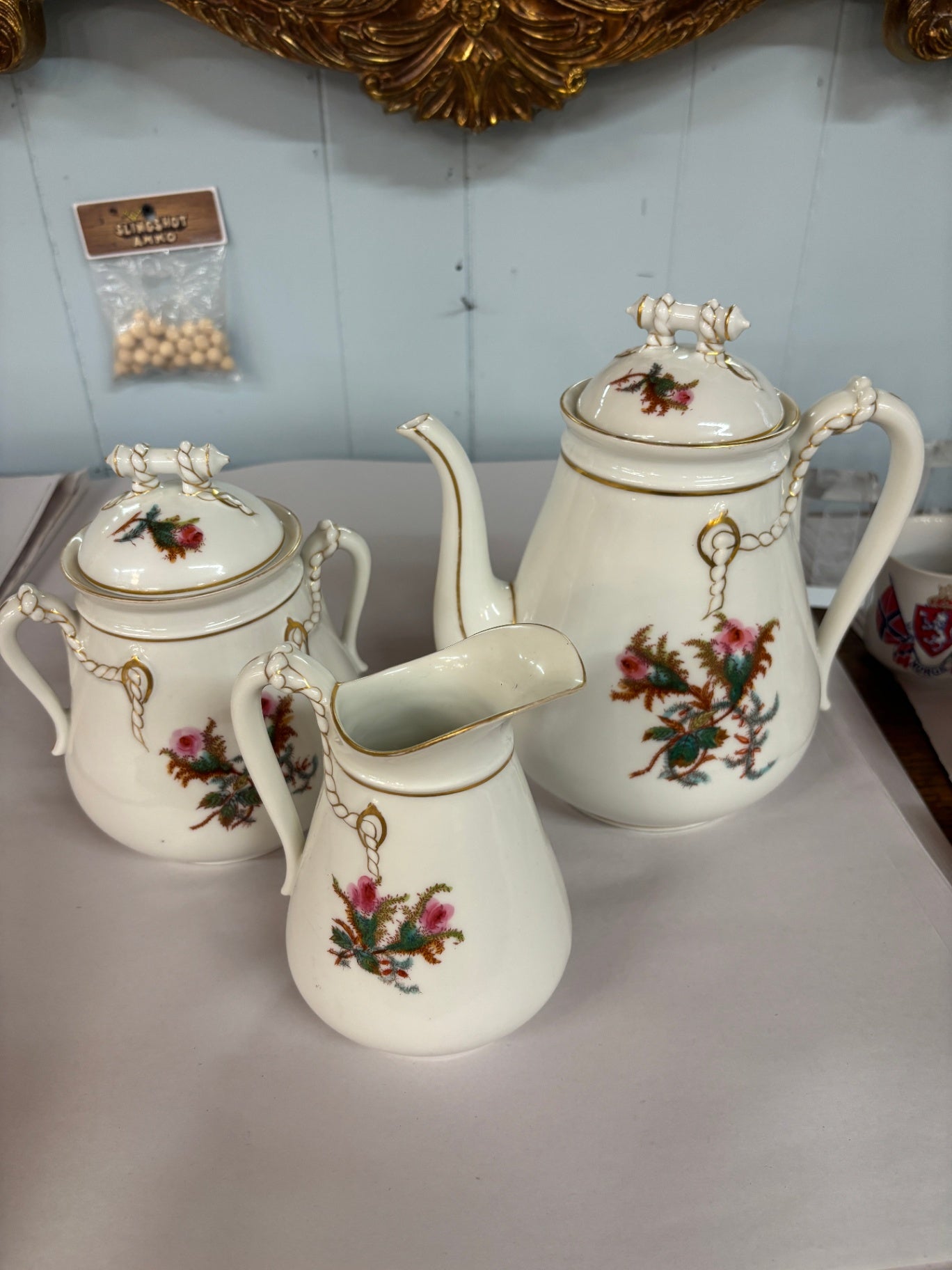 Vintage Porcelain Coffee / Tea Service Set with Hand-Painted Floral Motif & Gold Trim – 3 Piece