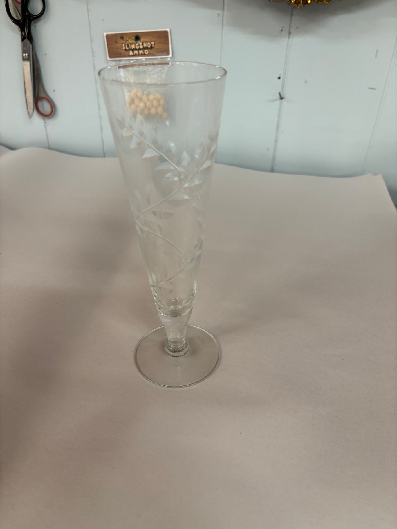 Vintage Frosted Etched Trumpet Vase / Champagne Flute Style Glass Vase