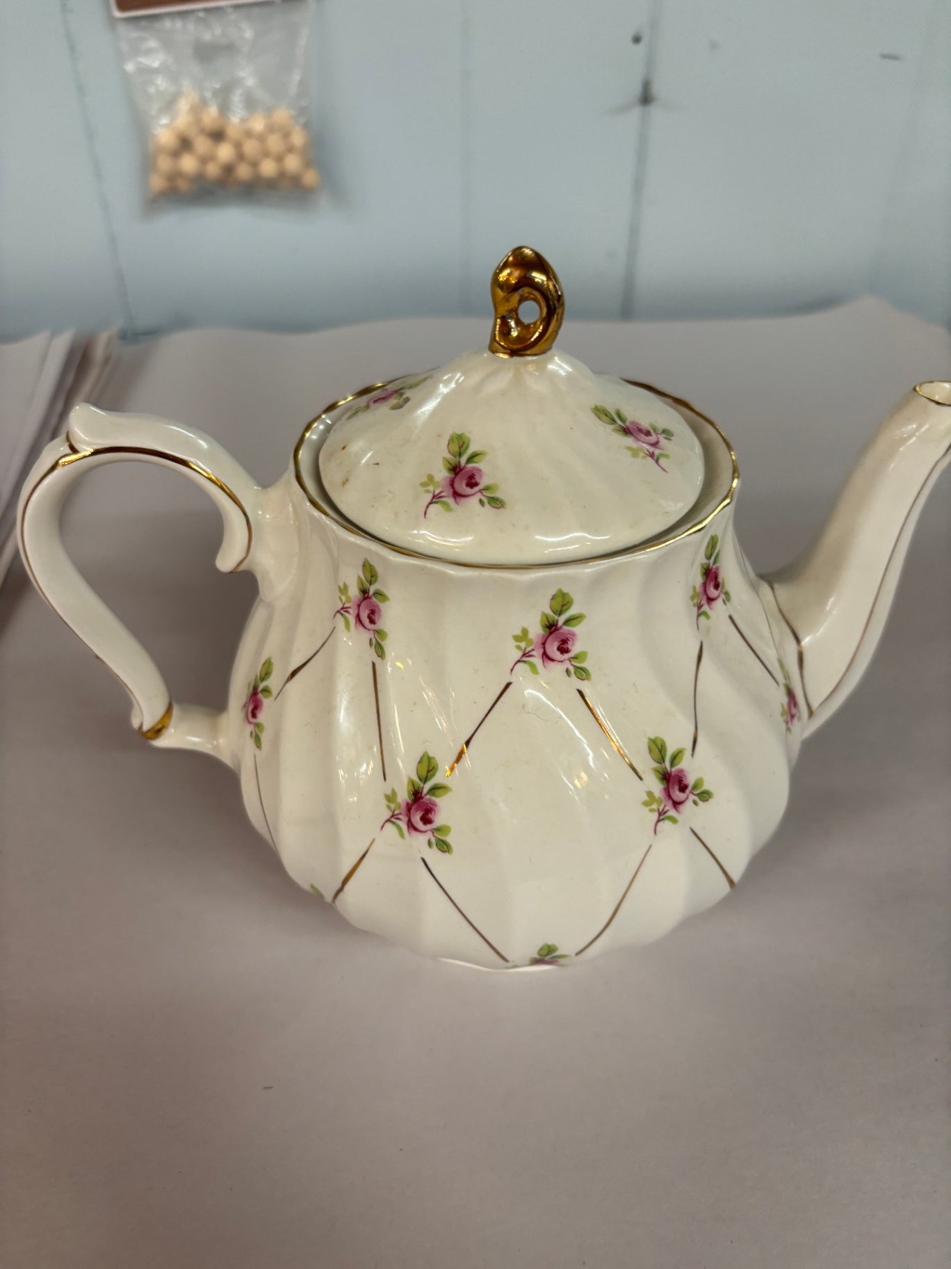 Vintage Porcelain Floral Teapot with Gold Trim & Swirl Panel Design