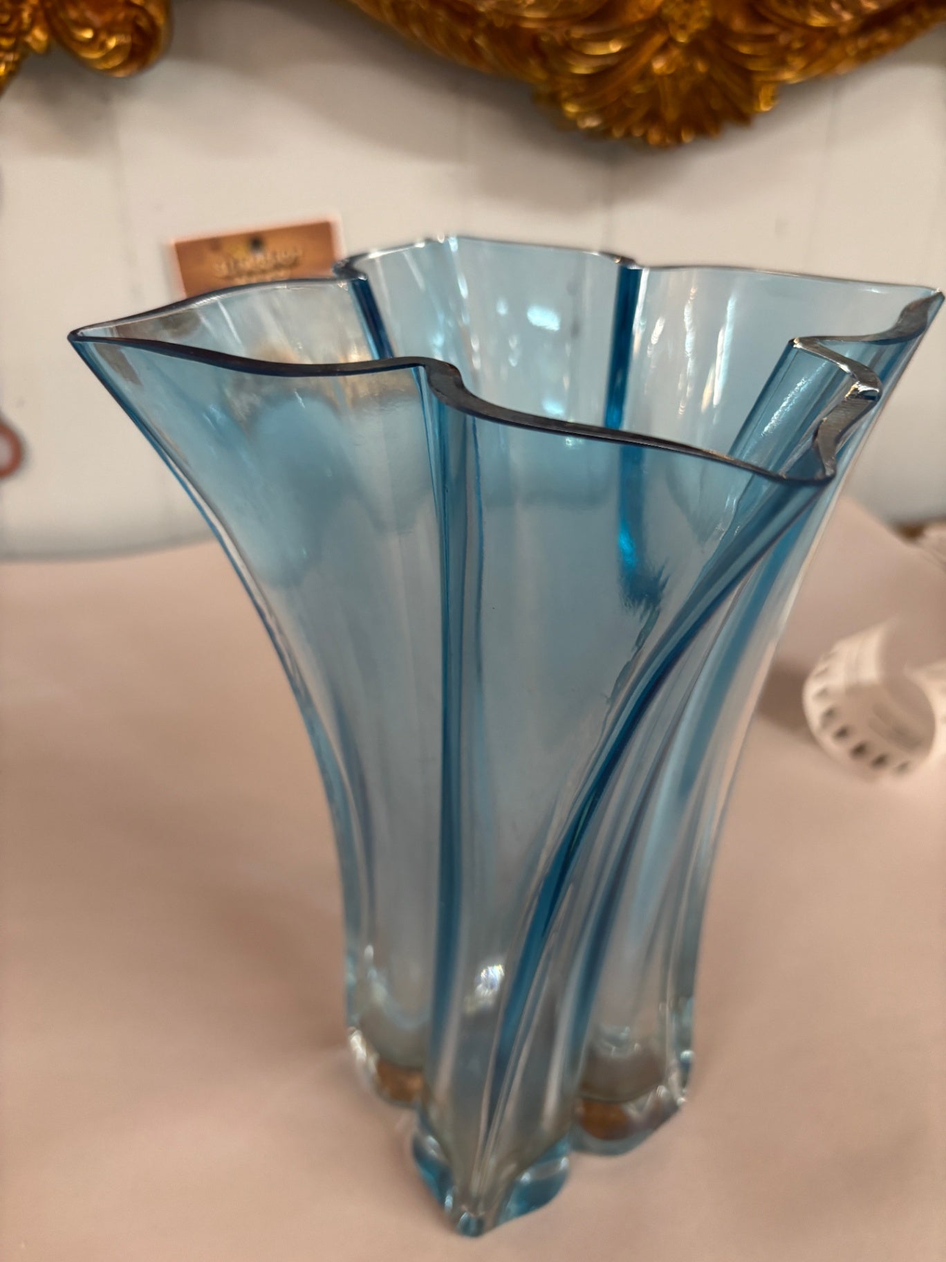 Vintage Mid-Century Modern Blue Art Glass Twisted Vase