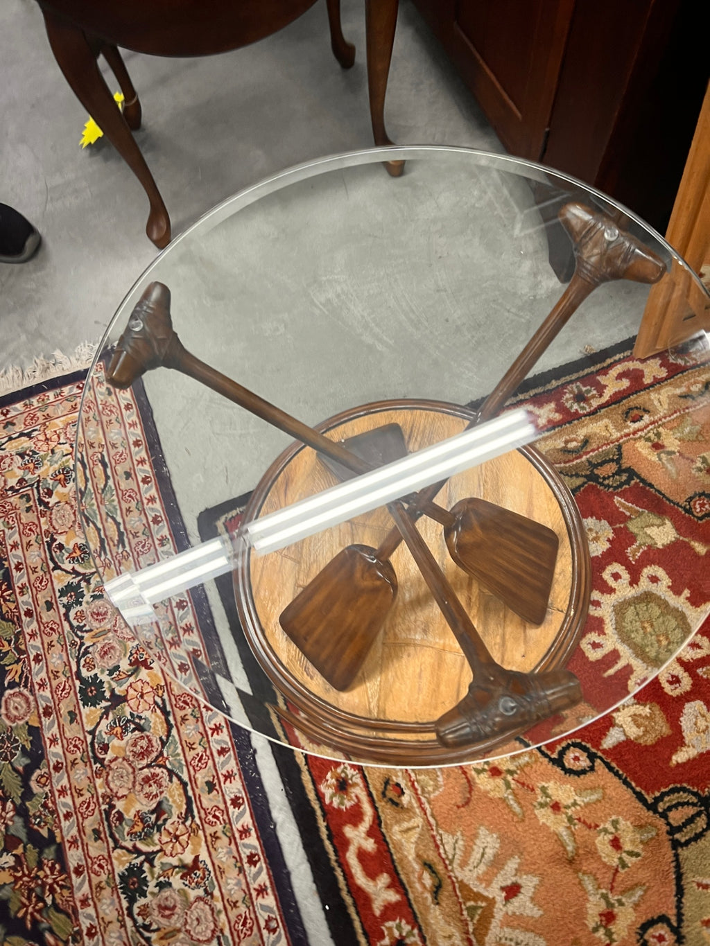 Vintage Coastal Nautical Paddle Glass Top Accent Table