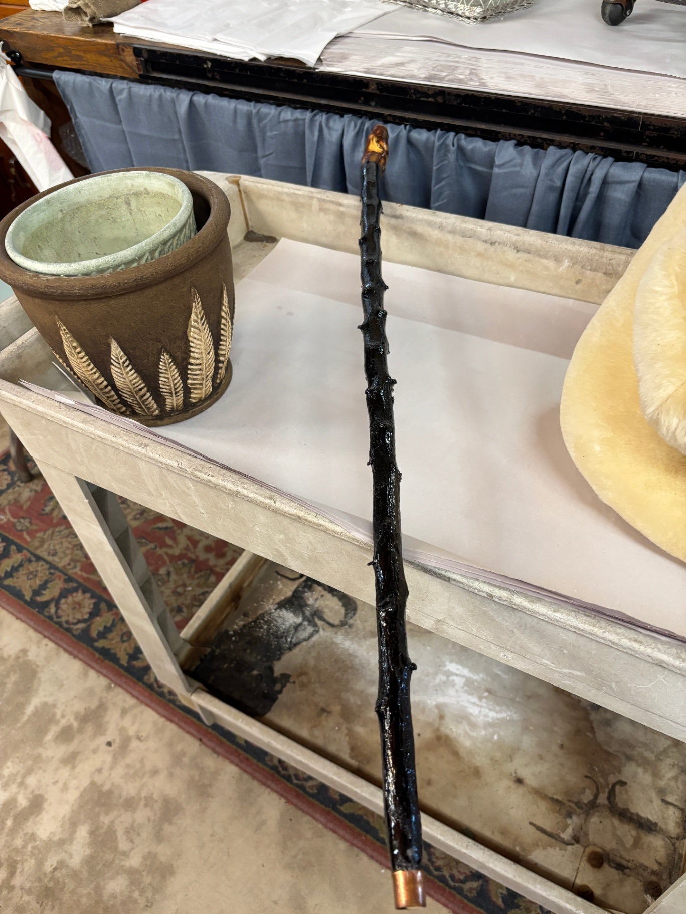 Rustic Handcrafted Folk Art Walking Stick with Copper End Caps