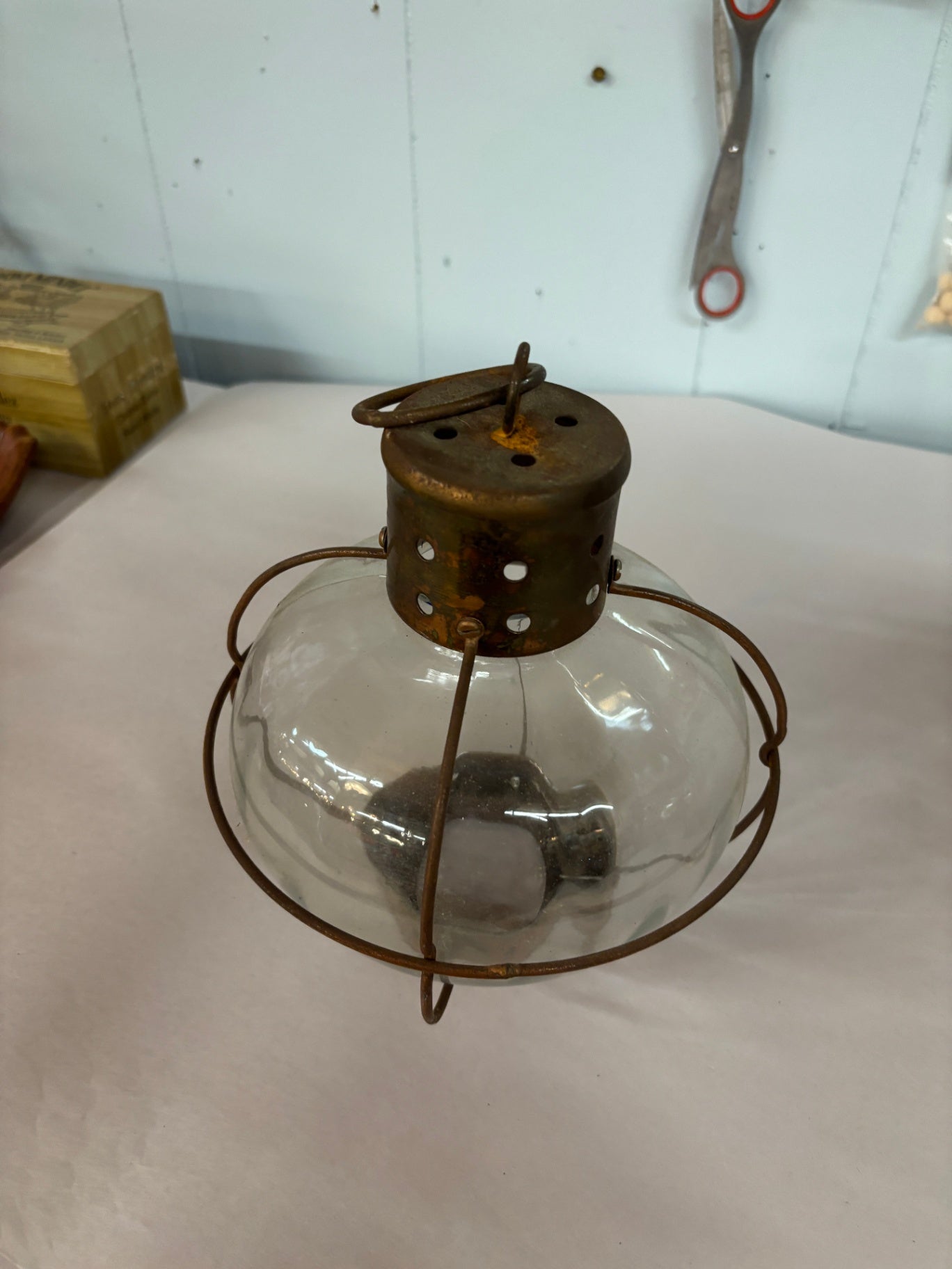 Vintage Clear Glass Hanging Oil Lantern Globe with Wire Guard Cage