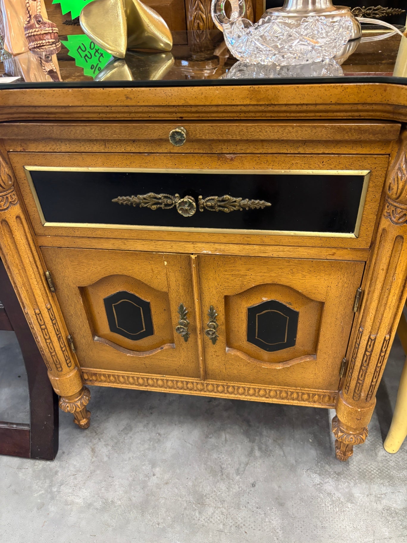 Vintage Hollywood Regency / Mediterranean Revival Triple Dresser & Nightstand Set with Black Lacquer Accents