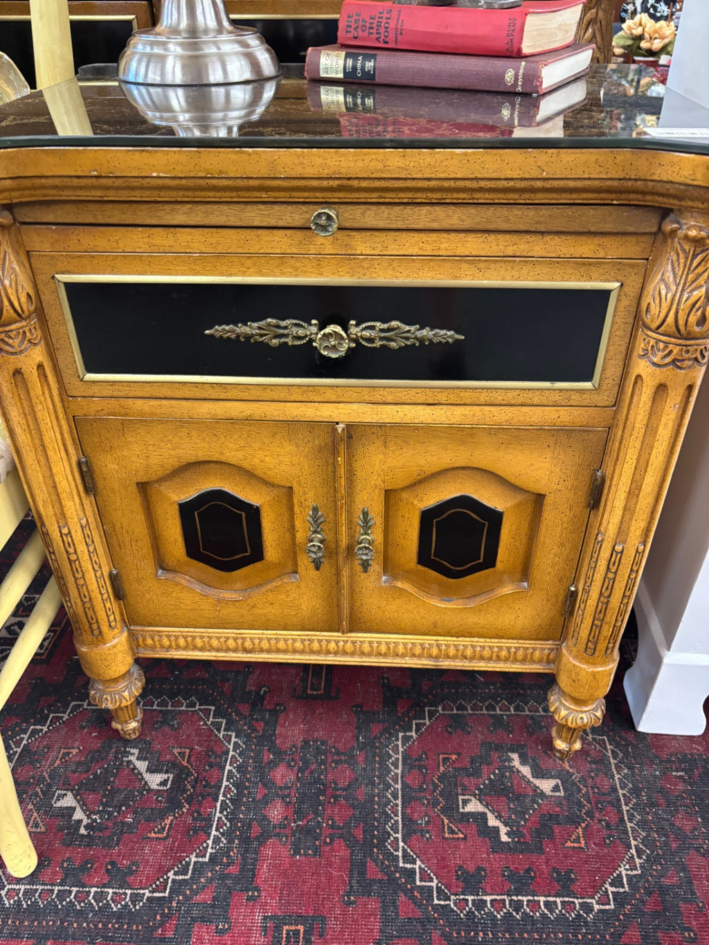 Vintage Hollywood Regency / Mediterranean Revival Triple Dresser & Nightstand Set with Black Lacquer Accents
