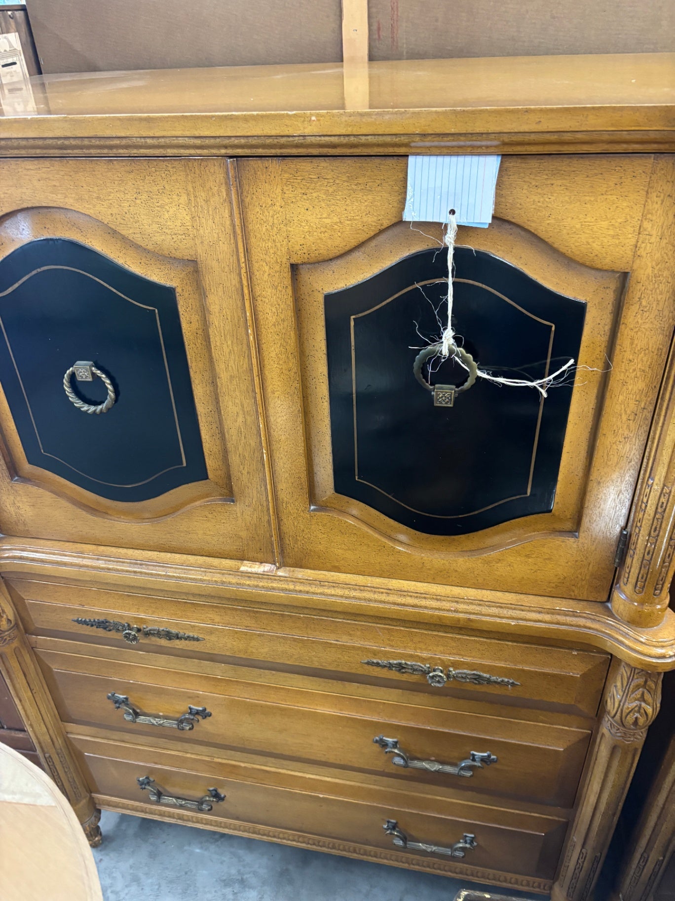 Vintage Hollywood Regency / Mediterranean Revival Triple Dresser & Nightstand Set with Black Lacquer Accents