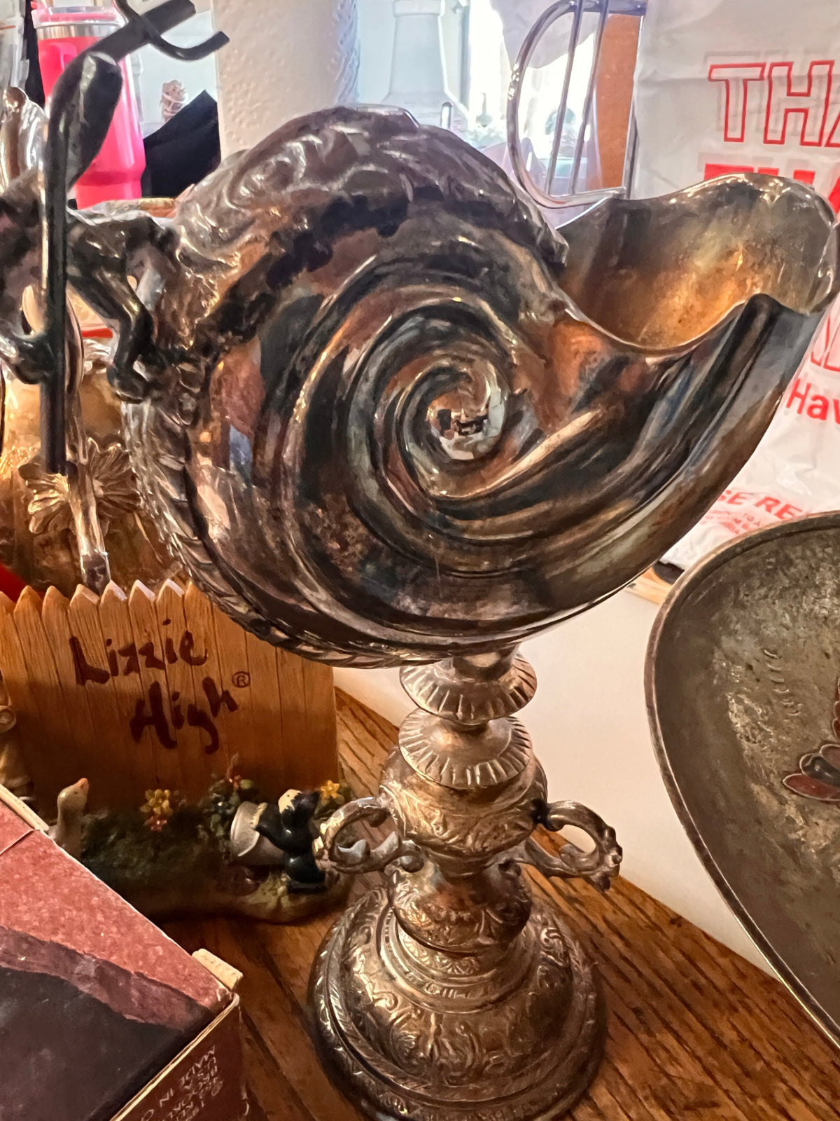 Vintage Silver-Plated Nautilus Shell Cornucopia Vase on Ornate Pedestal Base