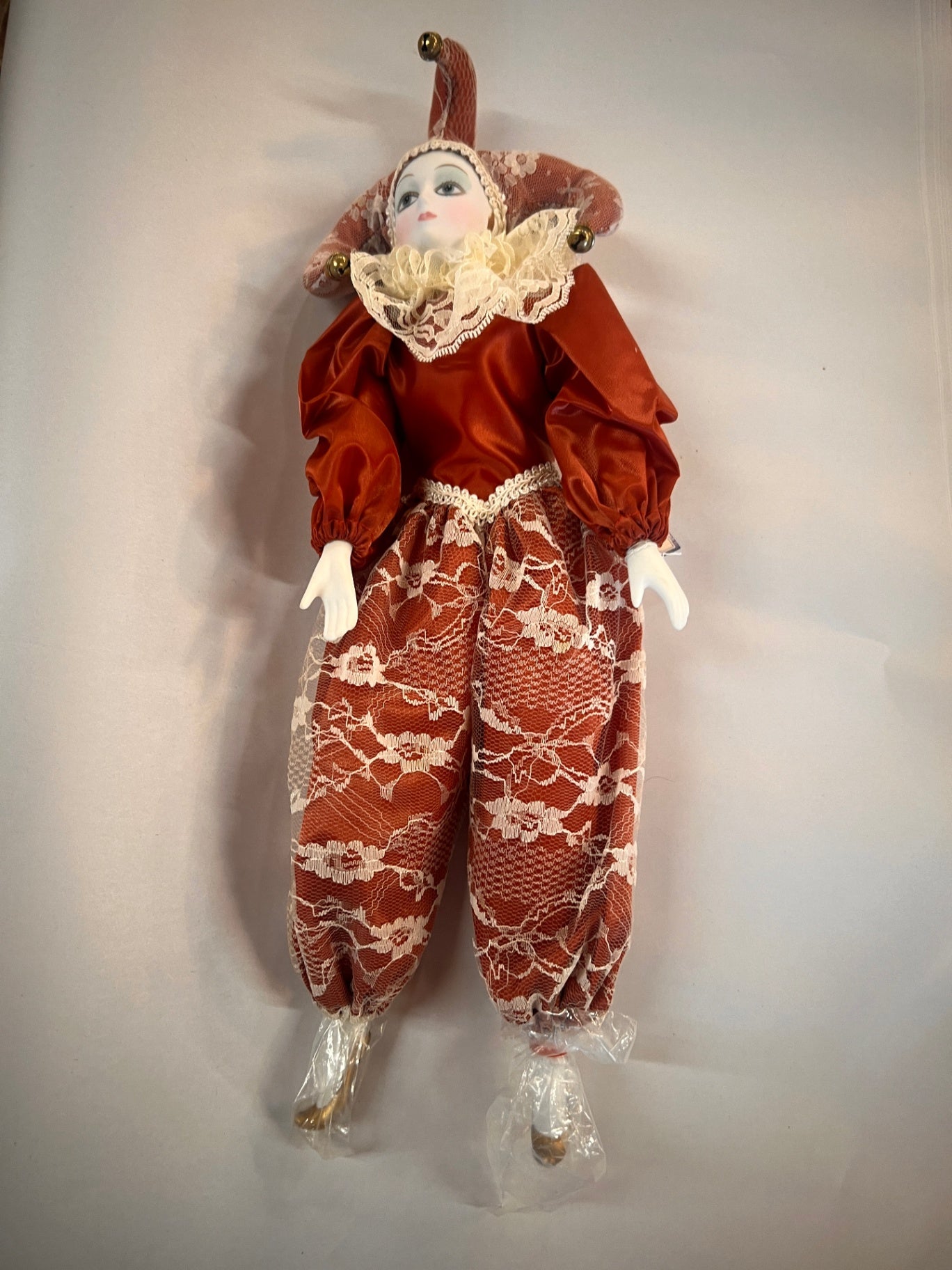 Vintage Gambina Porcelain Harlequin Jester Doll with Original Tag
