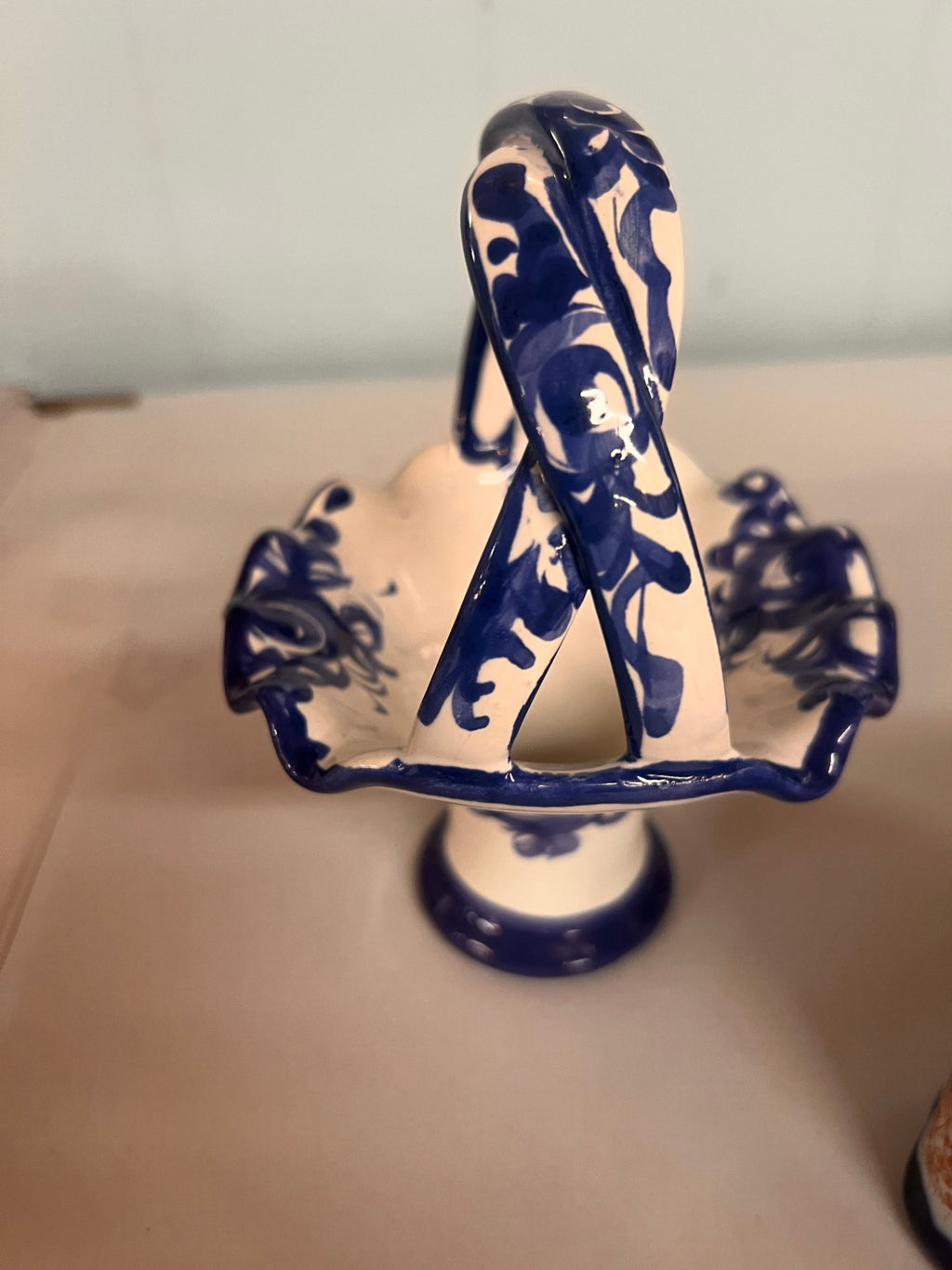 Vintage Spanish Conil Hand-Painted Blue & White Openwork Pottery Basket Centerpiece