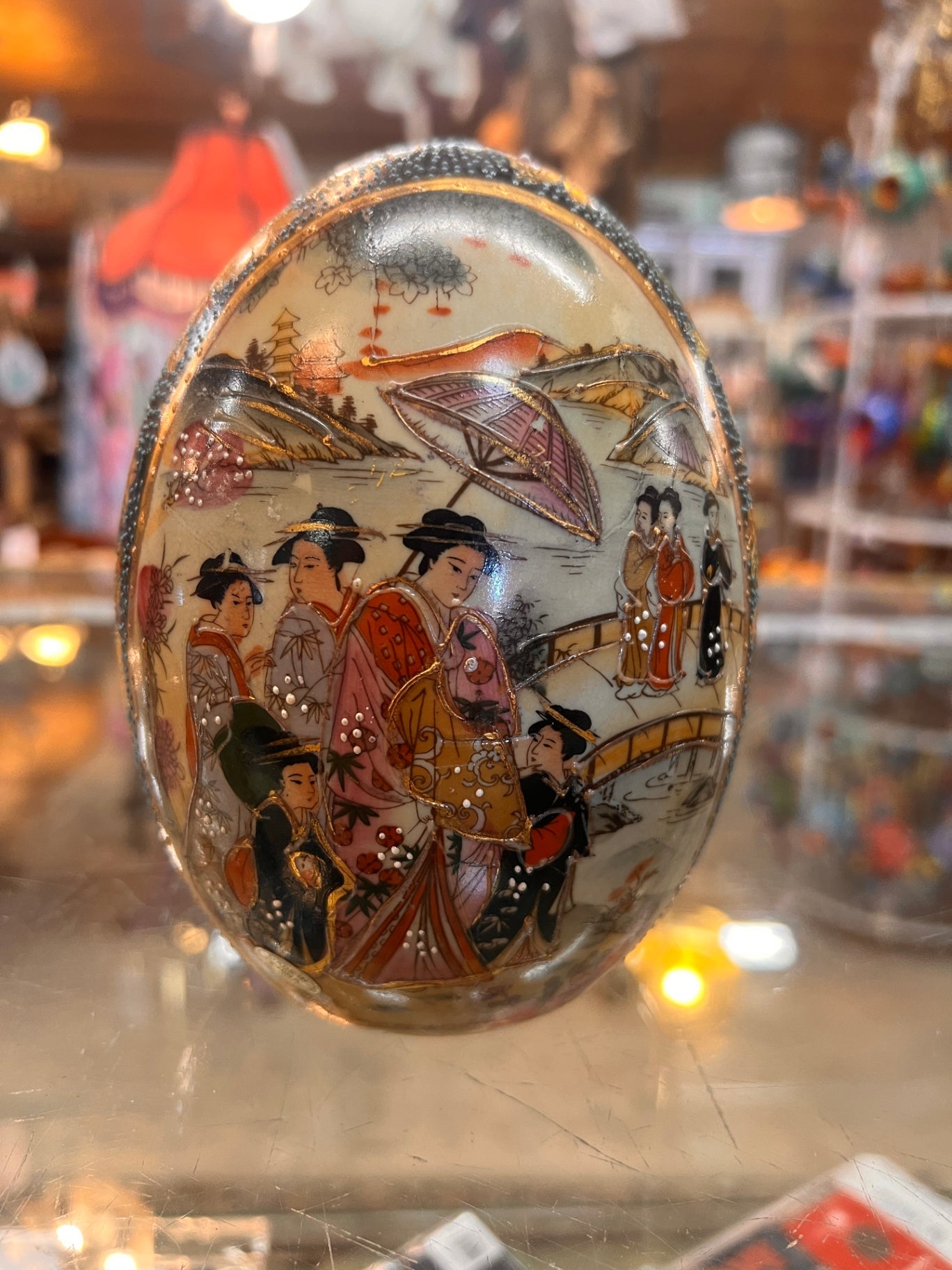 Vintage Satsuma Royal Cloisonné Style Egg Hand Painted Geisha Floral Gold