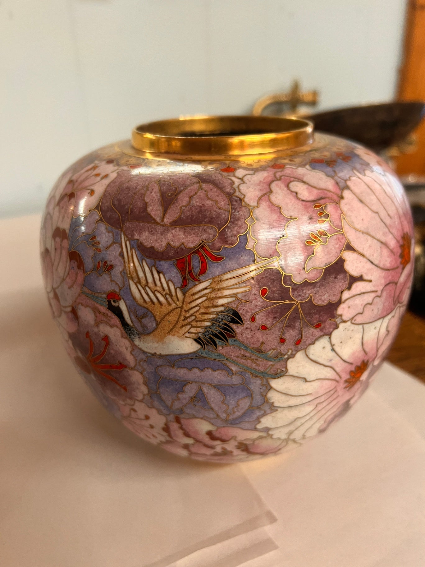 Vintage 8" Chinese Cloisonné Vase – Cranes & Peonies on Pink Enamel Ground