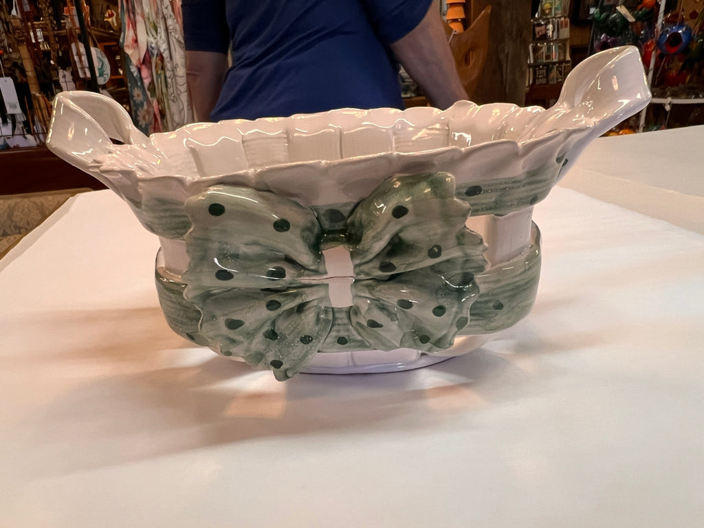 Casafina Portugal Majolica Style Ceramic Cachepot Planter with Green Polka Dot Bow