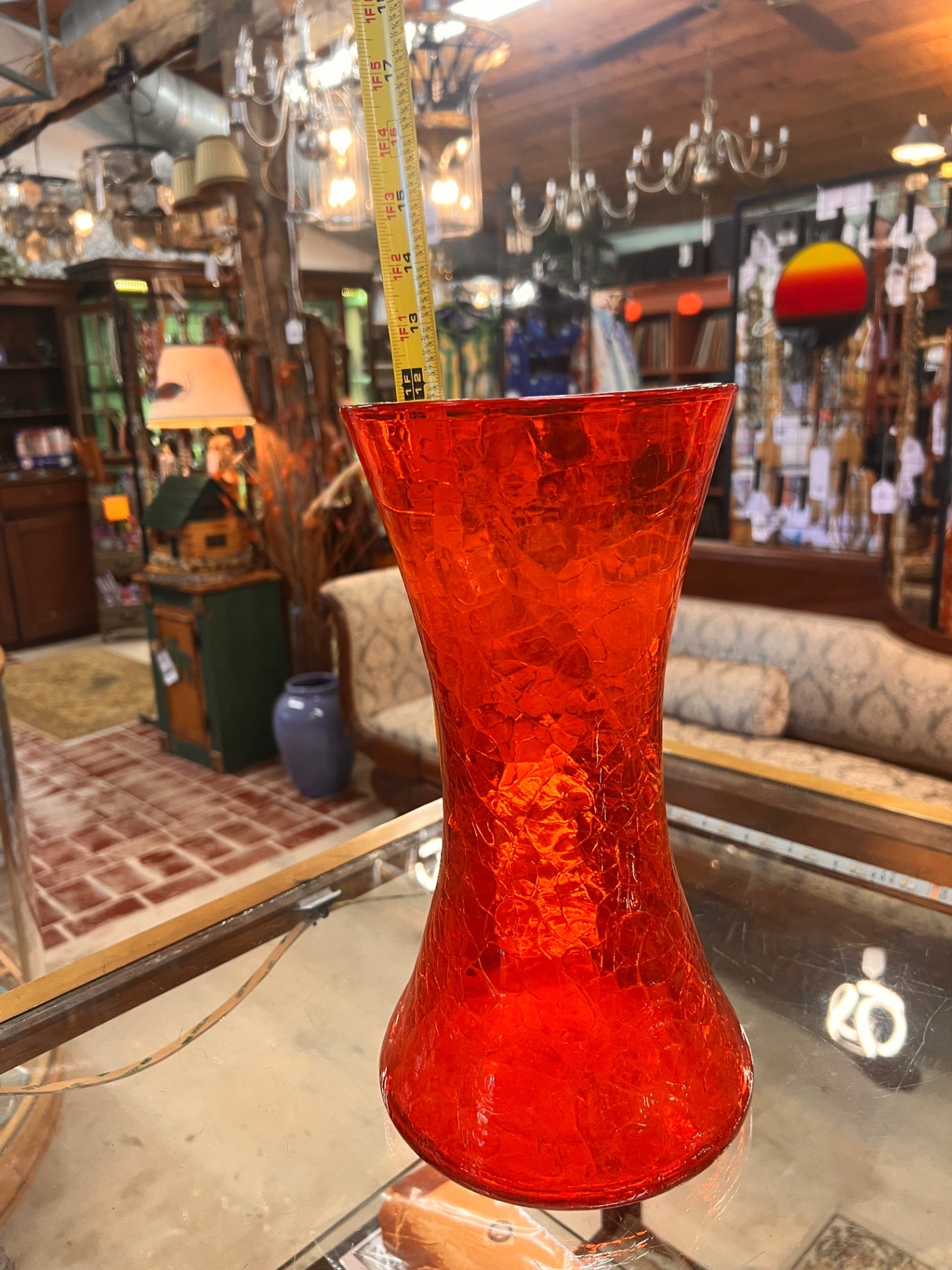 Vintage Ruby Red Crackle Glass Vase – Hand Blown Mid-Century Art Glass Trumpet Vase