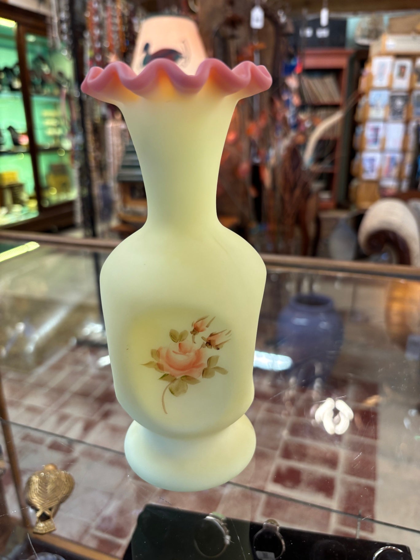 Antique Hand-Painted Burmese Satin Glass Vase – Uranium Glass – Signed Louise Peper