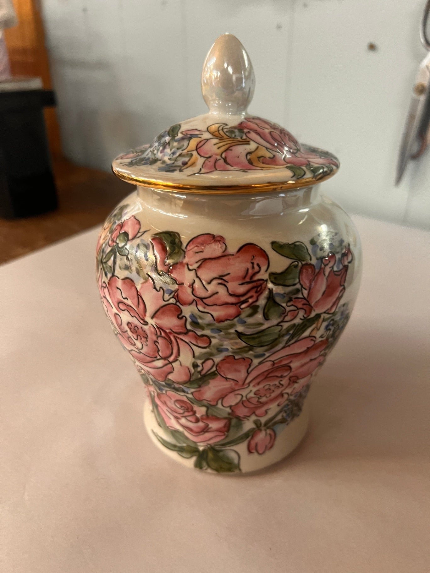 Vintage Hand-Painted Floral Biscuit Jar with Lid – Rose Pattern Porcelain Ginger Jar Canister