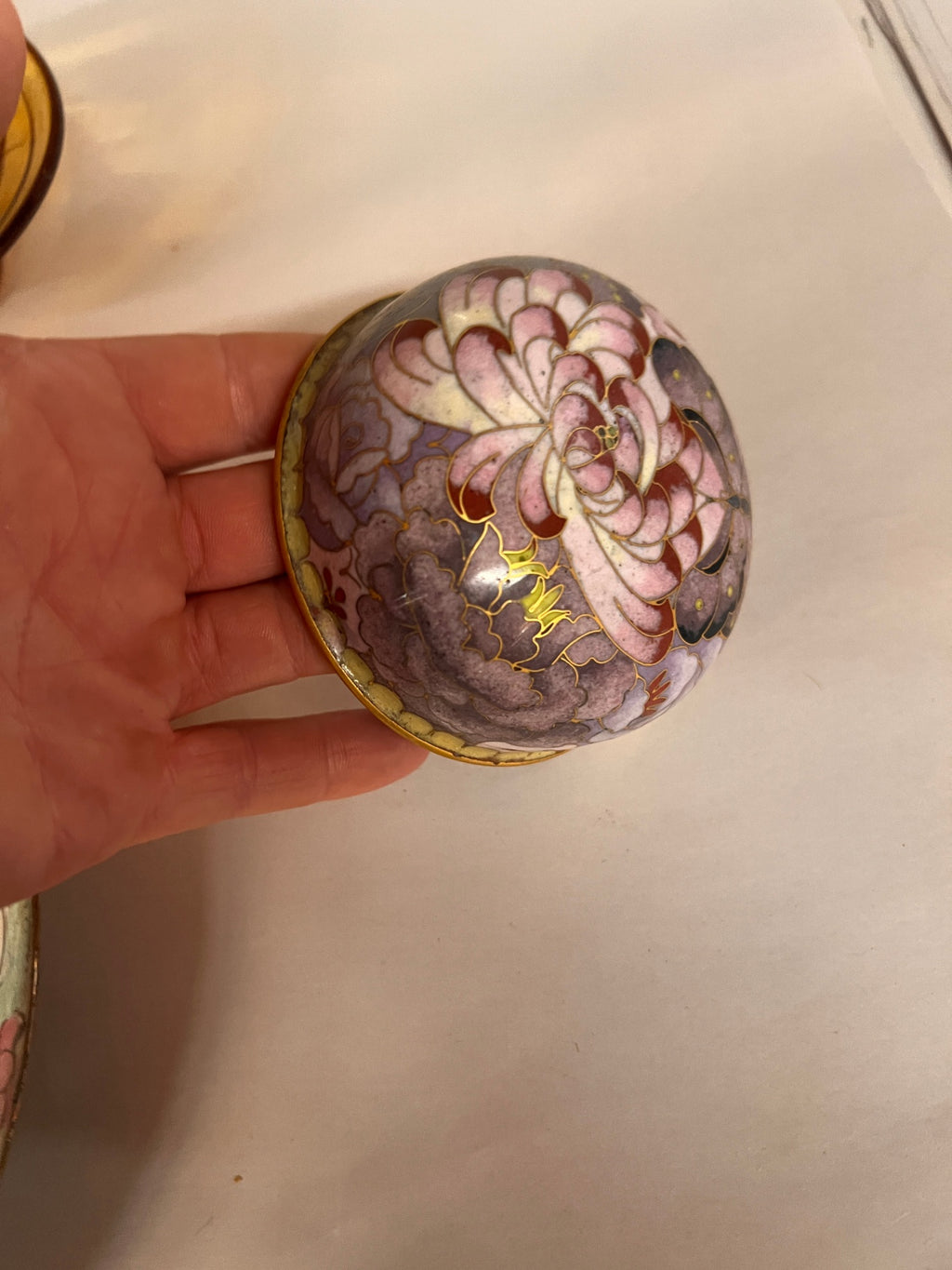 Vintage Chinese Cloisonné Covered Trinket Box with Peony Floral Decoration