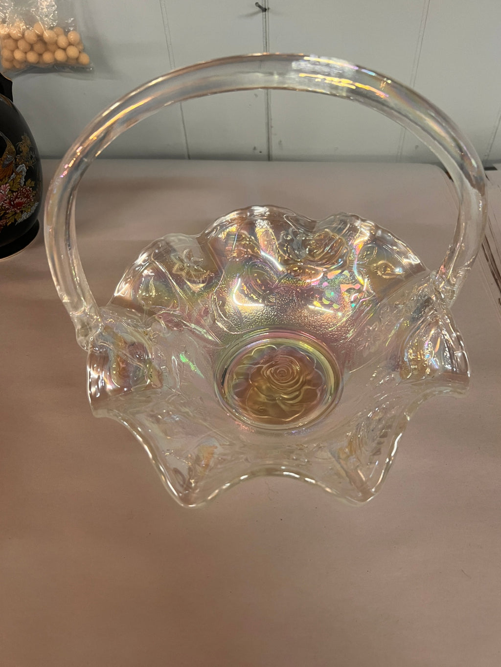 Vintage Iridescent Carnival Glass Basket with Rose Motif and Applied Handle