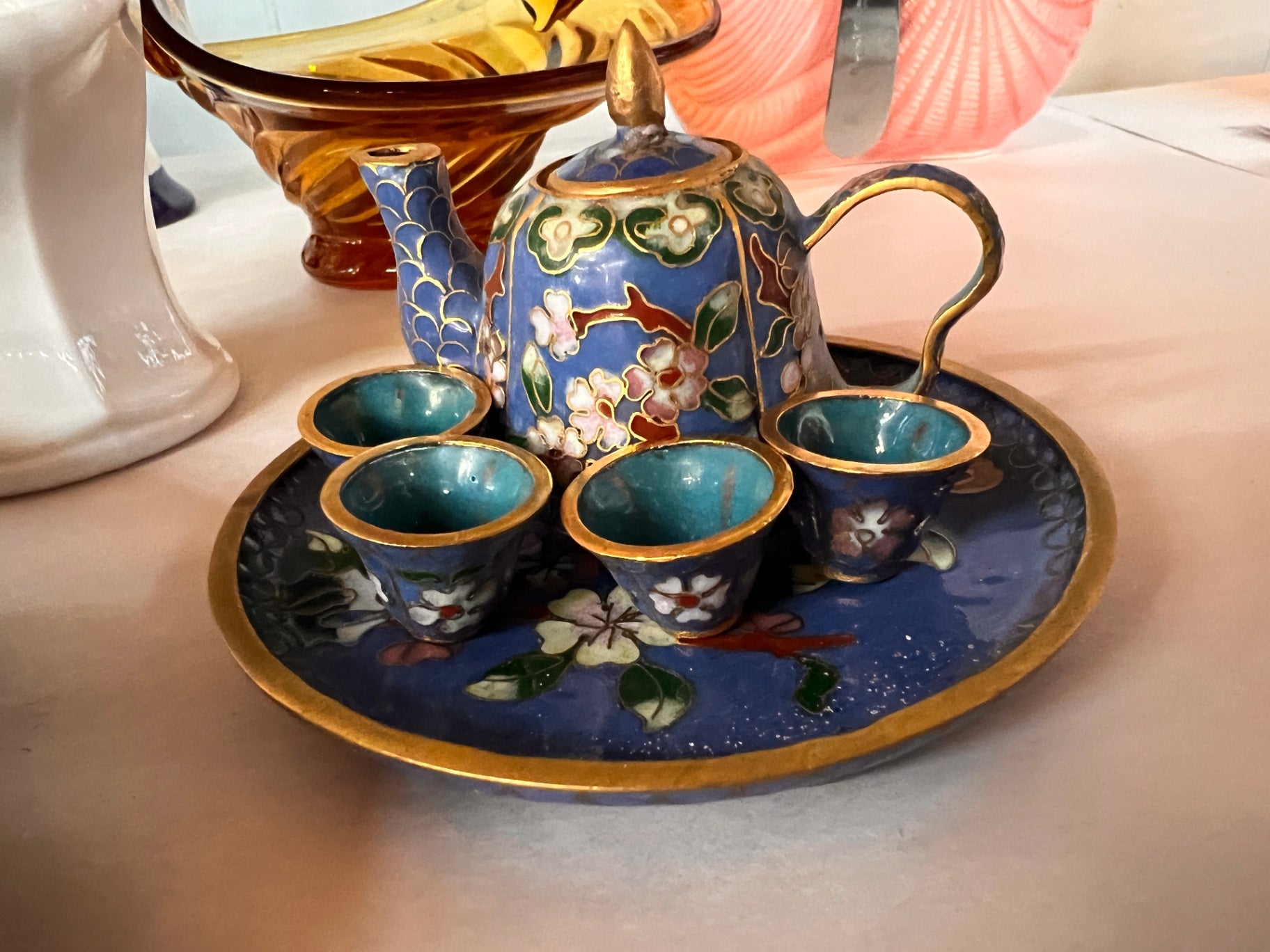 Vintage Cloisonne Brass and Enamel Miniature Floral Tea Pot, 4 Cups, & Tray.