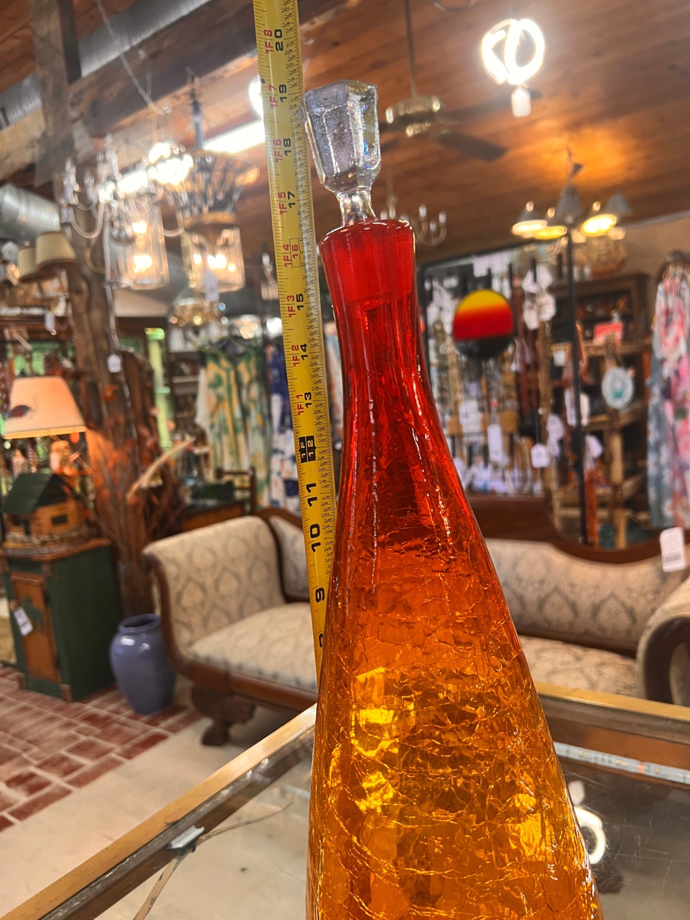 Vintage Amber Crackle Glass Decanter with Stopper – Hand Blown Mid-Century Barware
