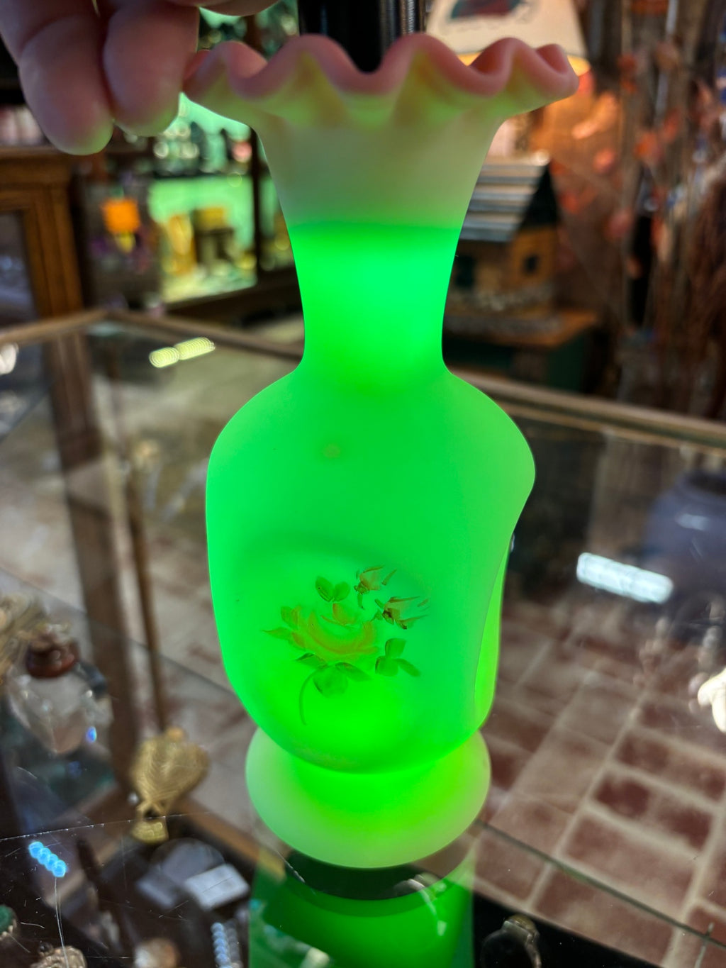 Antique Hand-Painted Burmese Satin Glass Vase – Uranium Glass – Signed Louise Peper