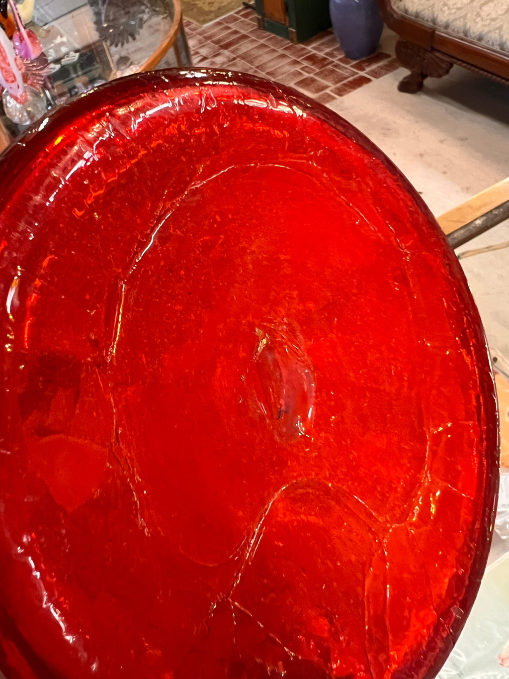 Vintage Ruby Red Crackle Glass Vase – Hand Blown Mid-Century Art Glass Trumpet Vase