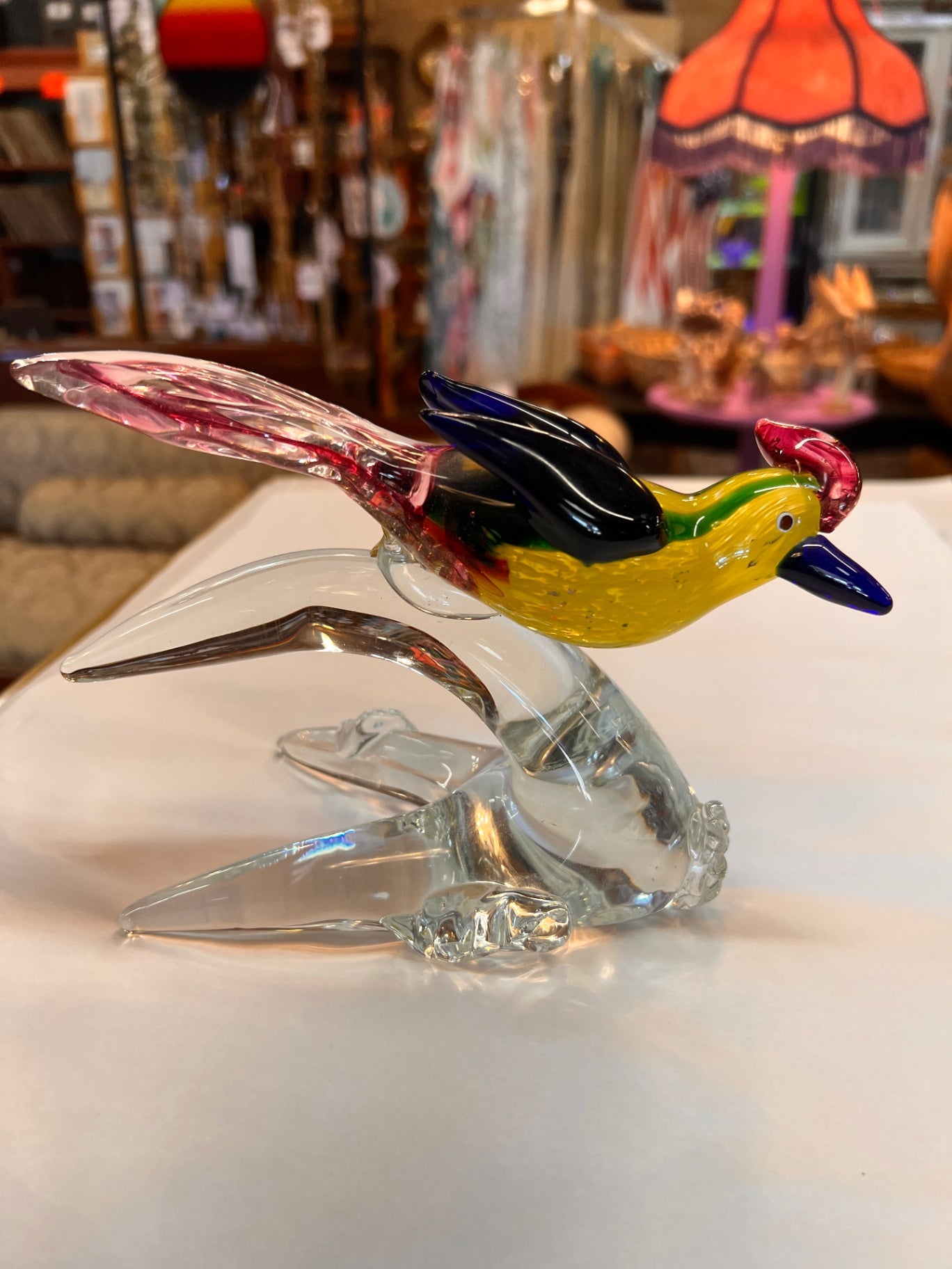 Vintage Murano Style Hand Blown Art Glass Exotic Bird on Branch Sculpture – Multicolor Venetian Glass