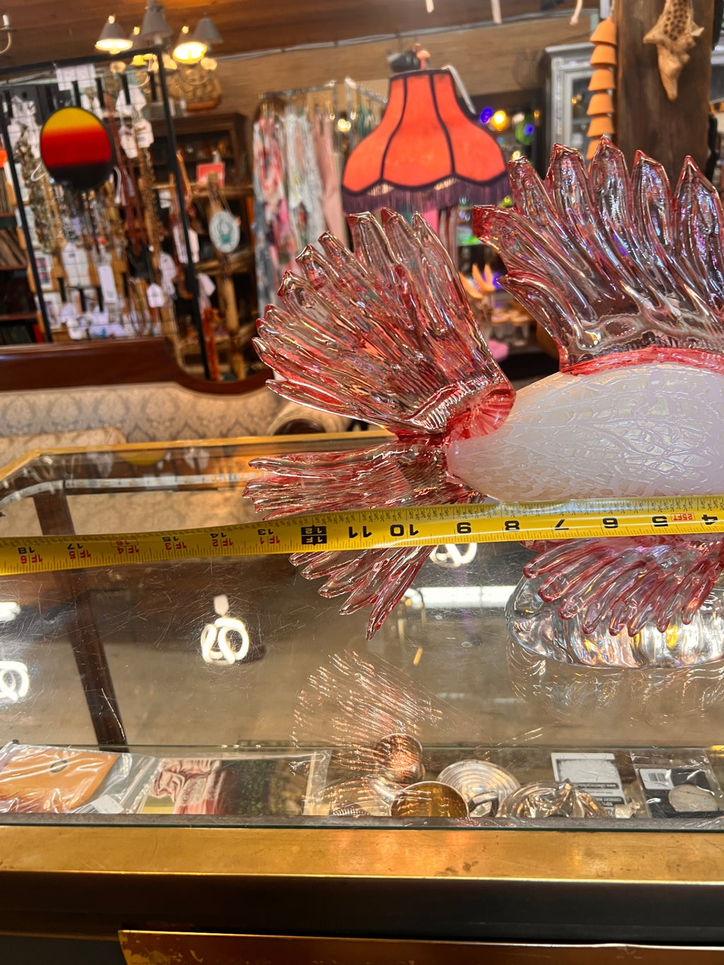 Large Vintage Murano Style Art Glass Lionfish Sculpture – Cranberry & White Hand Blown Venetian Fish – 14 Inch Display Piece