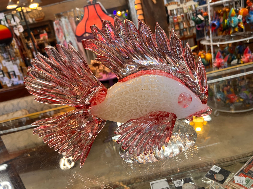 Large Vintage Murano Style Art Glass Lionfish Sculpture – Cranberry & White Hand Blown Venetian Fish – 14 Inch Display Piece