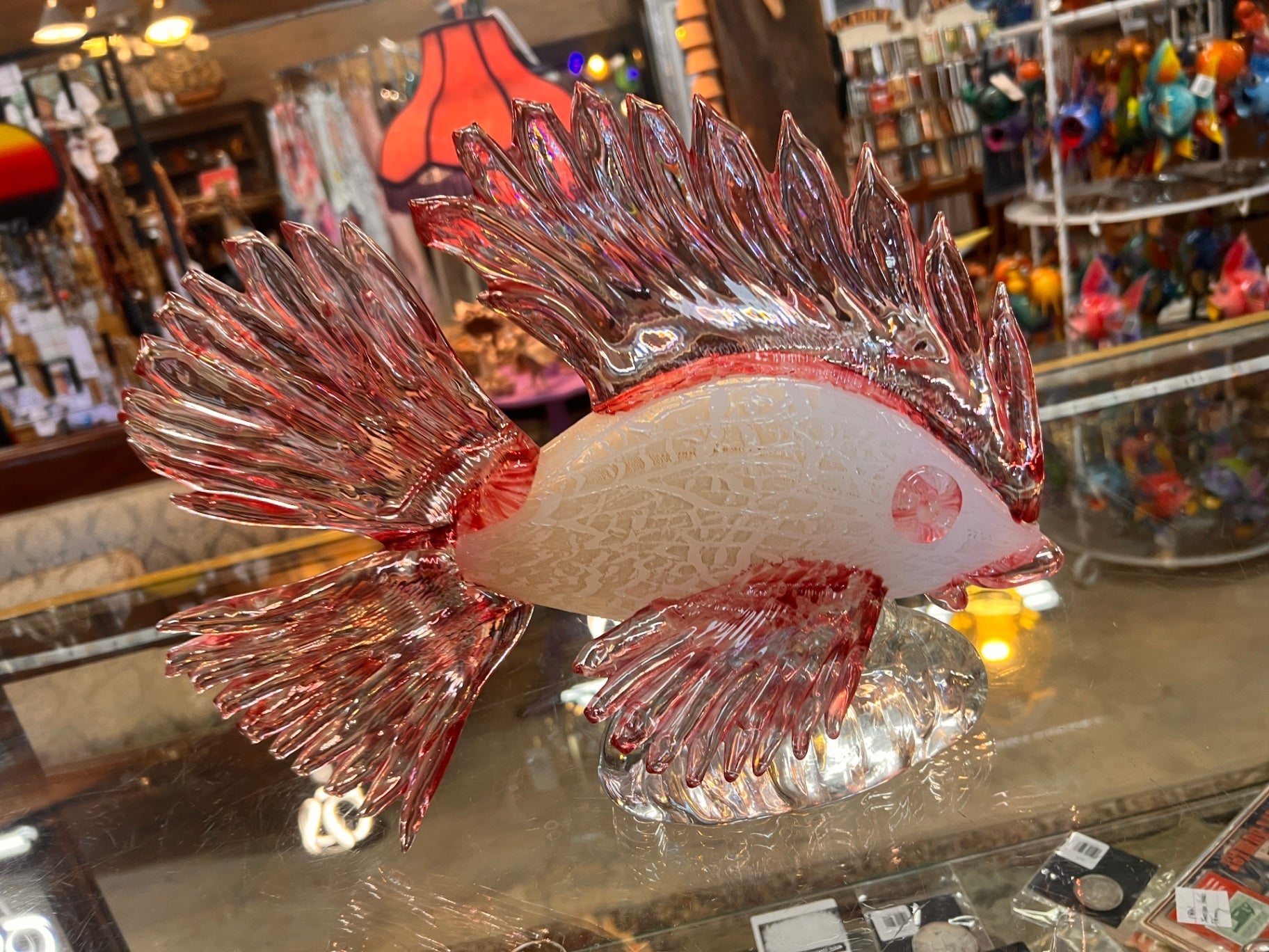 Large Vintage Murano Style Art Glass Lionfish Sculpture – Cranberry & White Hand Blown Venetian Fish – 14 Inch Display Piece