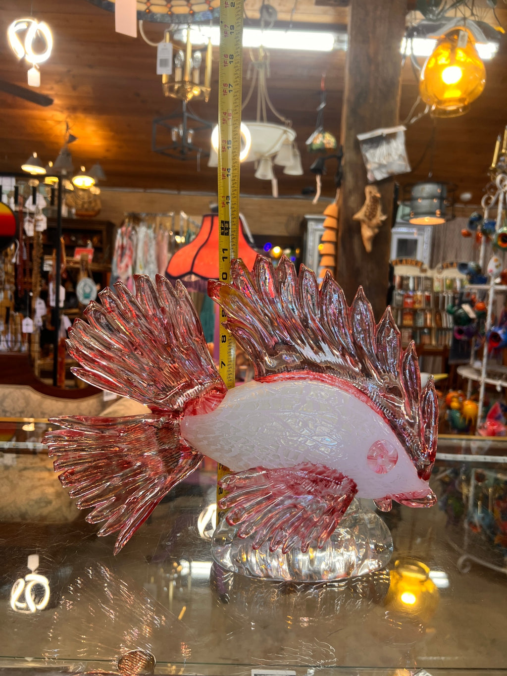Large Vintage Murano Style Art Glass Lionfish Sculpture – Cranberry & White Hand Blown Venetian Fish – 14 Inch Display Piece