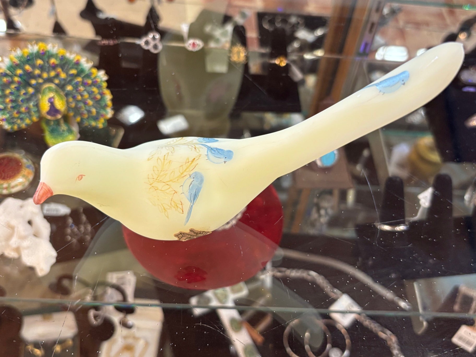 Vintage Fenton Burmese Glass Hand-Painted Bluebird Figurine – Signed Artist Decorated
