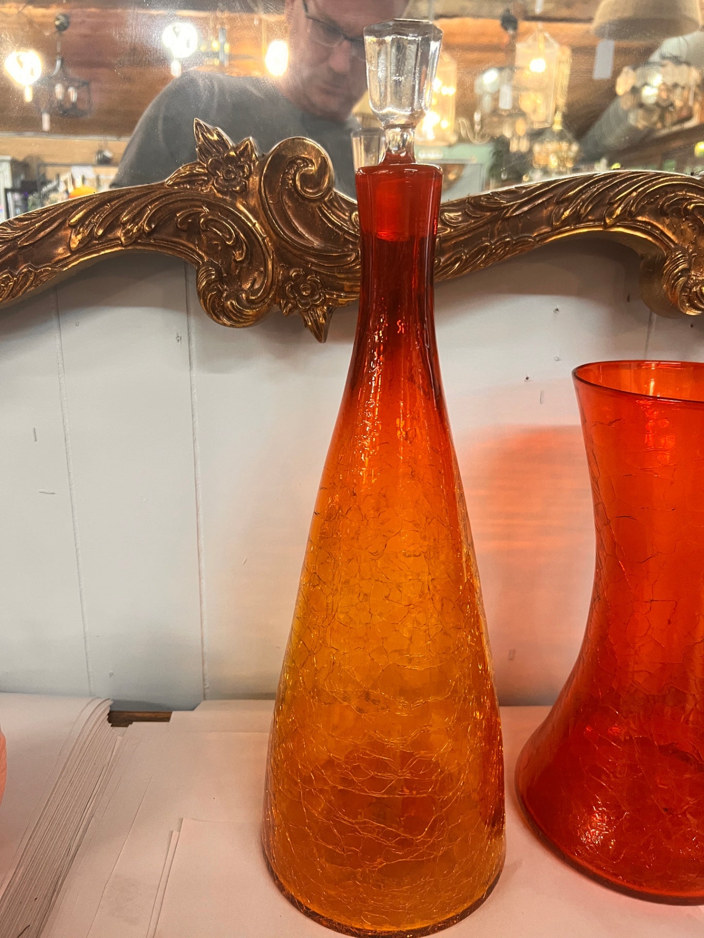 Vintage Amber Crackle Glass Decanter with Stopper – Hand Blown Mid-Century Barware