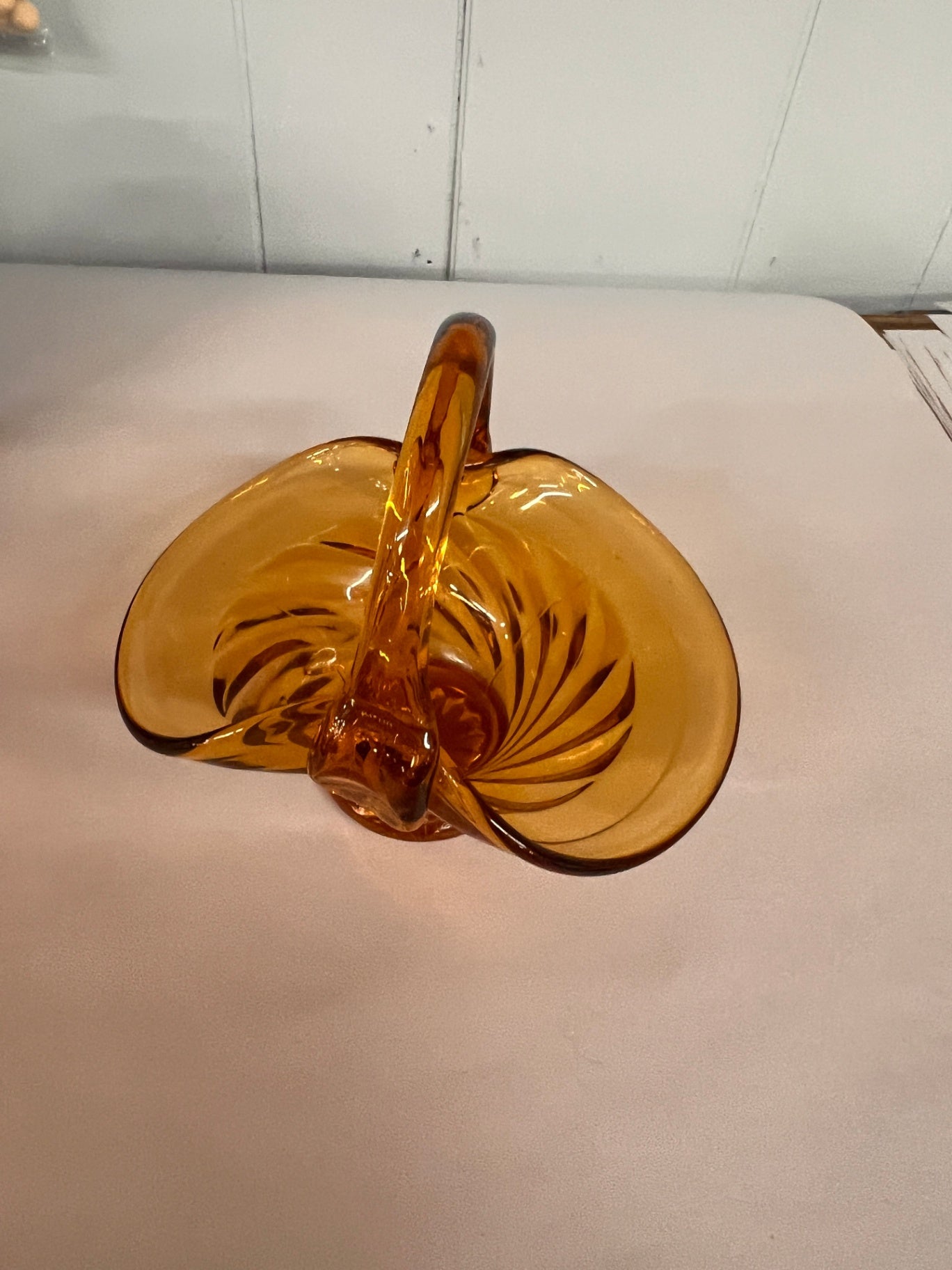 Vintage Amber Yellow Glass Candy Trinket Jewelry Basket Handle Pedistal Dish