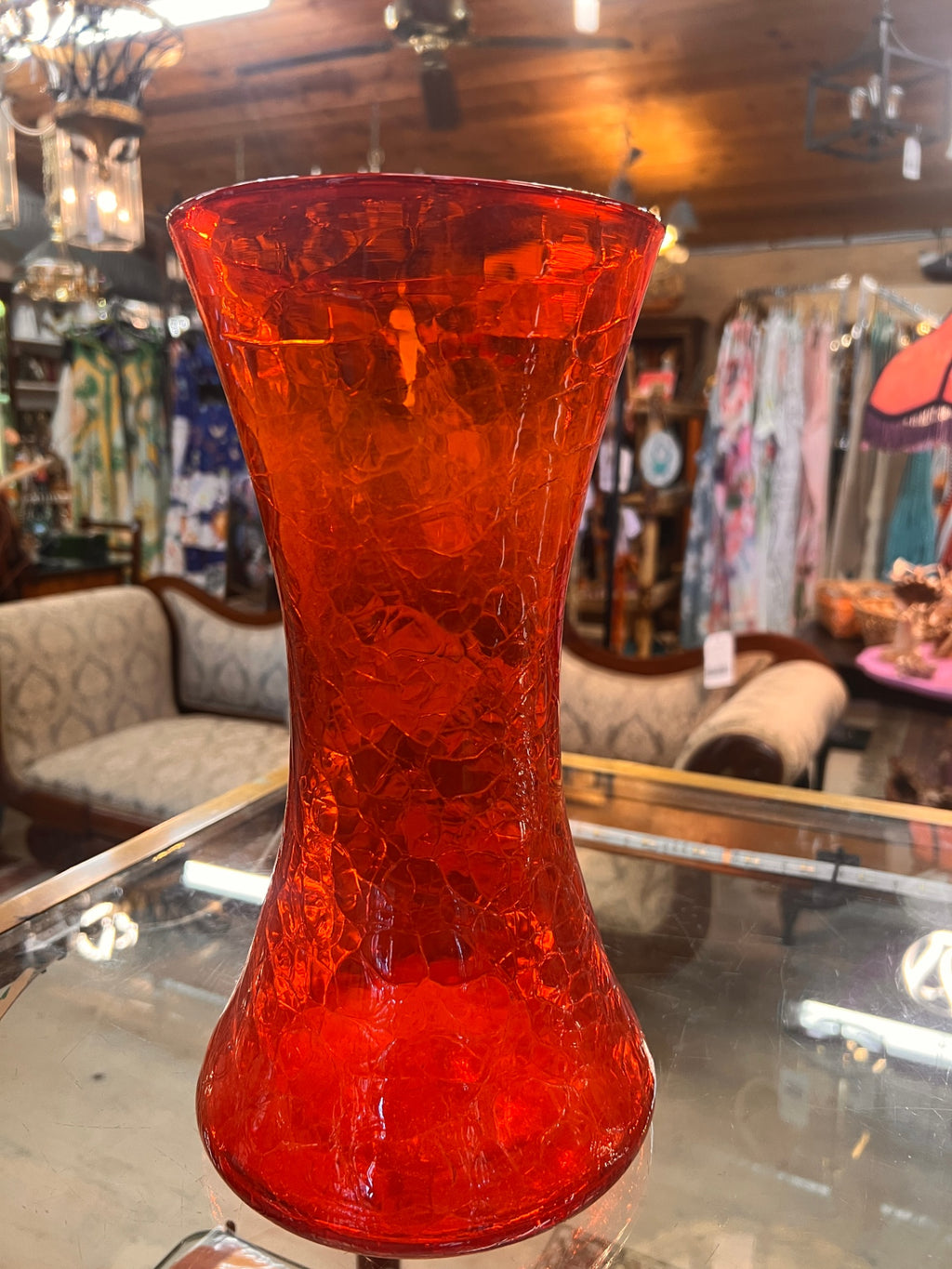 Vintage Ruby Red Crackle Glass Vase – Hand Blown Mid-Century Art Glass Trumpet Vase
