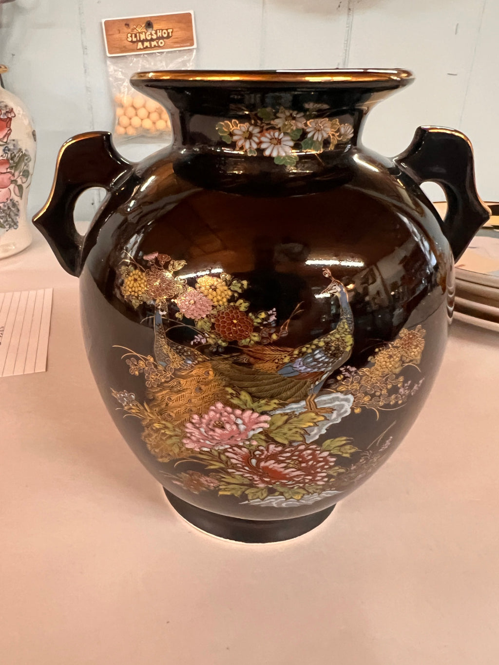 Vintage Japanese Peacock Moriage Vase – Black Porcelain Twin Handle Vase with Raised Enamel Floral Decoration