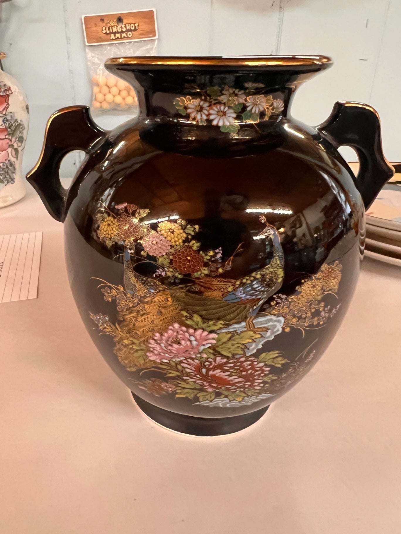 Vintage Japanese Peacock Moriage Vase – Black Porcelain Twin Handle Vase with Raised Enamel Floral Decoration