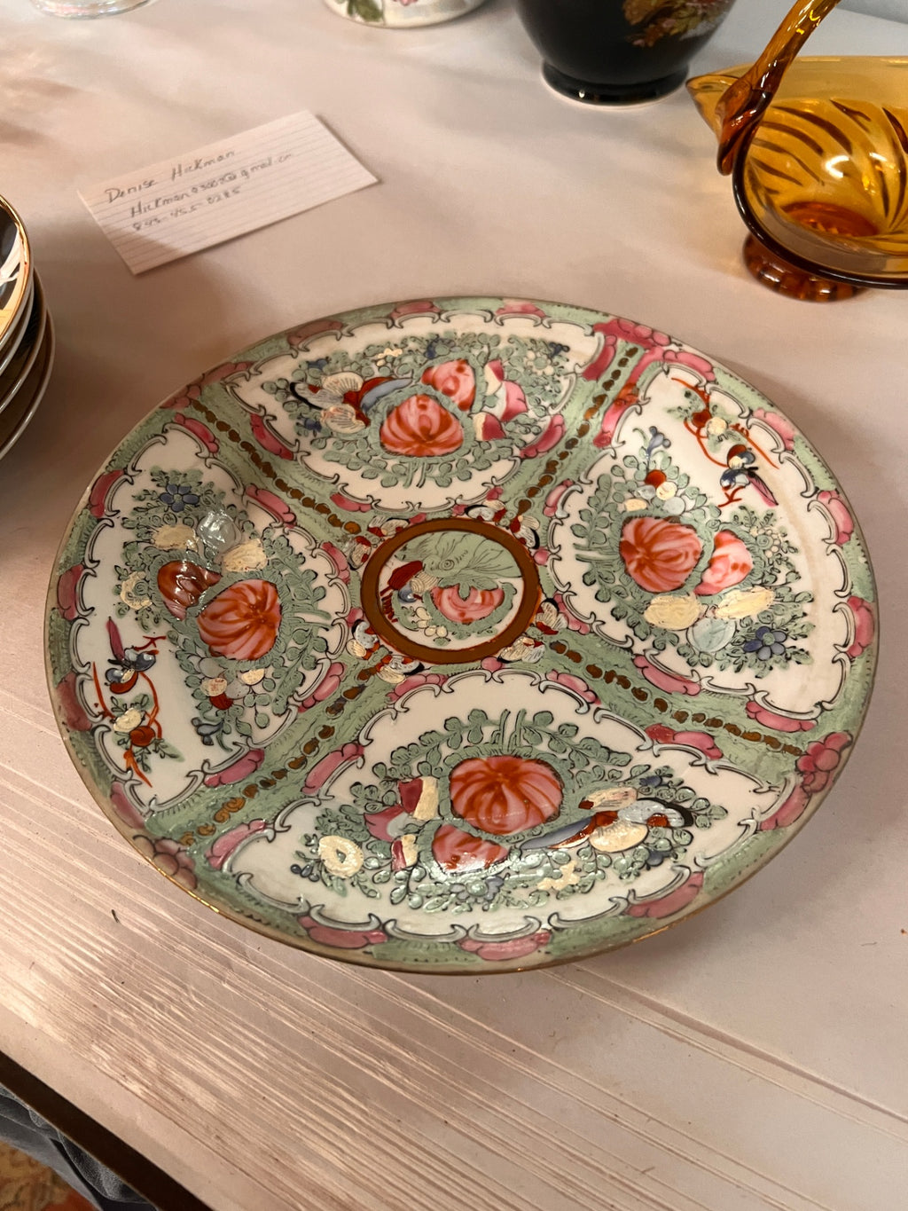 Vintage Japanese Moriage Porcelain Cabinet Plate with Raised Floral & Bird Design