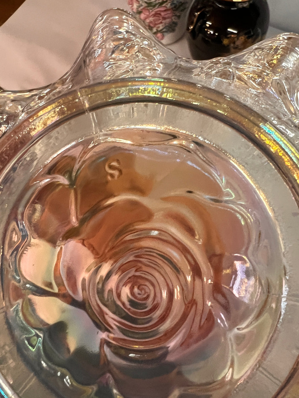 Vintage Iridescent Carnival Glass Basket with Rose Motif and Applied Handle