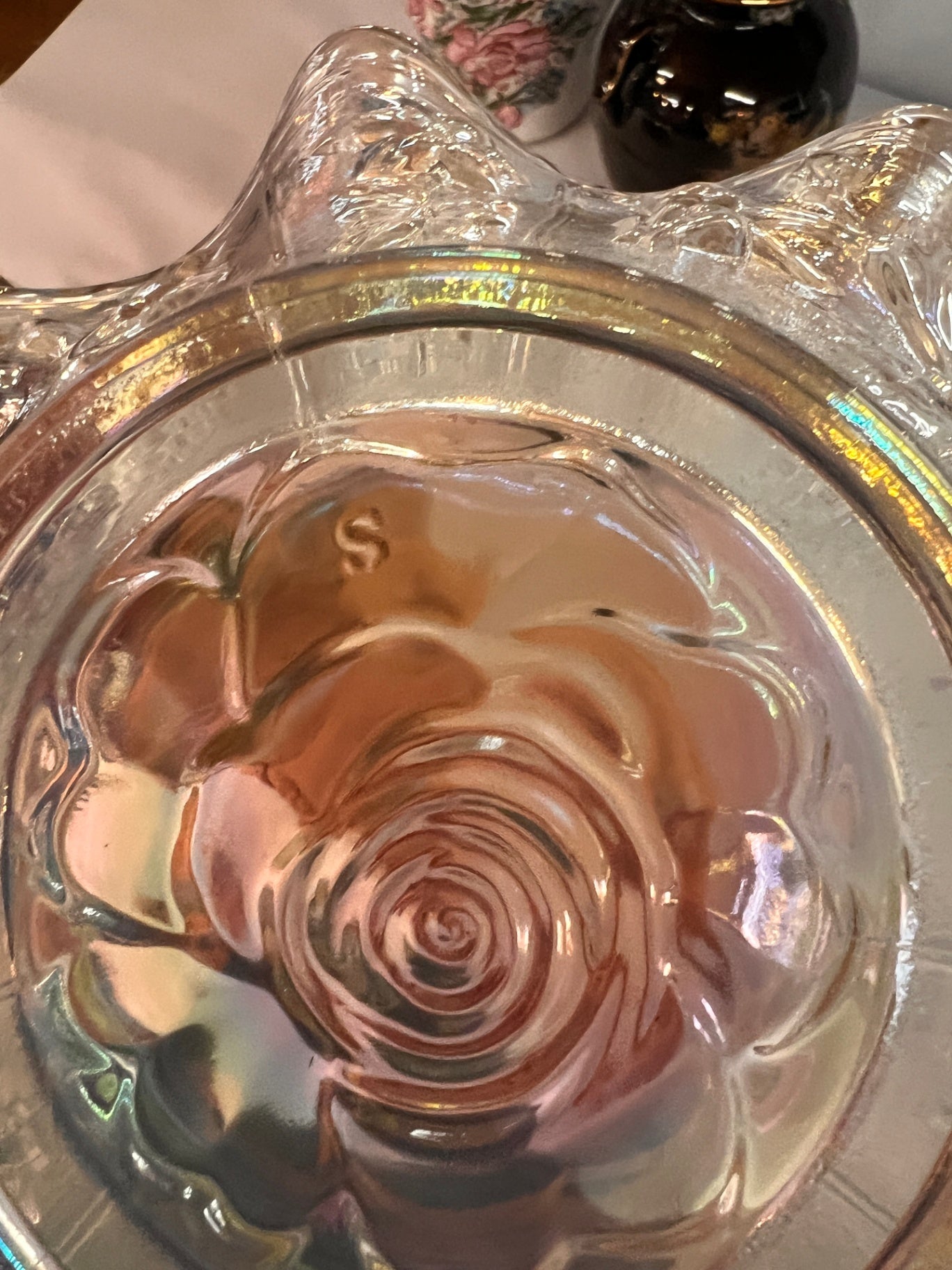 Vintage Iridescent Carnival Glass Basket with Rose Motif and Applied Handle