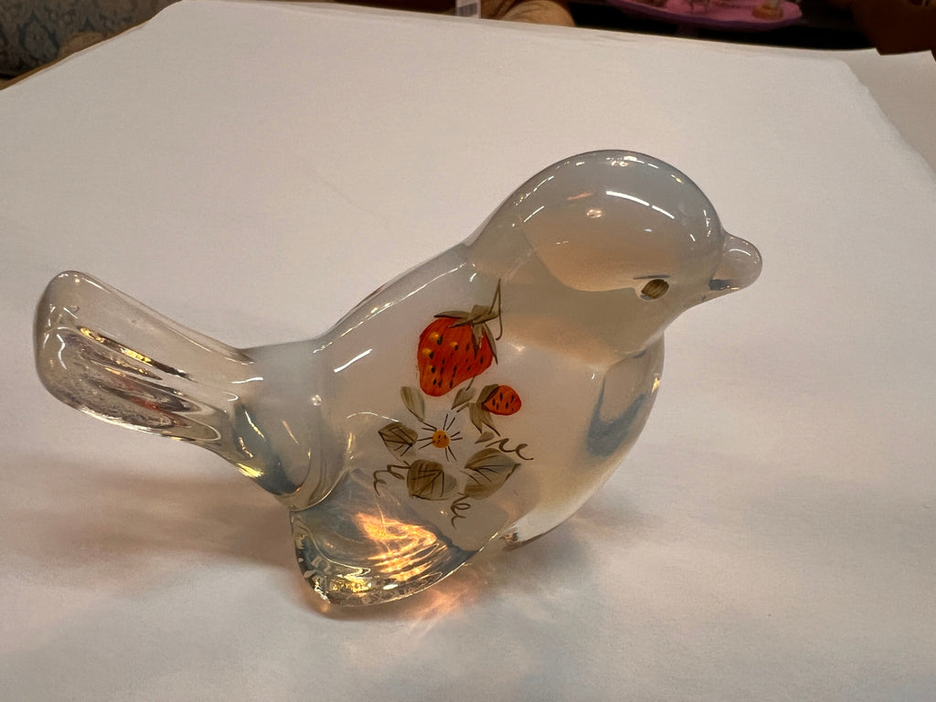 Fenton Glass ~ Strawberries On French Opalescent Glass Bird ~ Hand Painted Bird Figurine