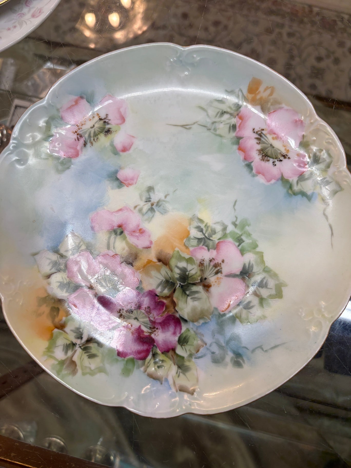 Antique Hand-Painted Floral Porcelain Serving Bowl with Iridescent Finish