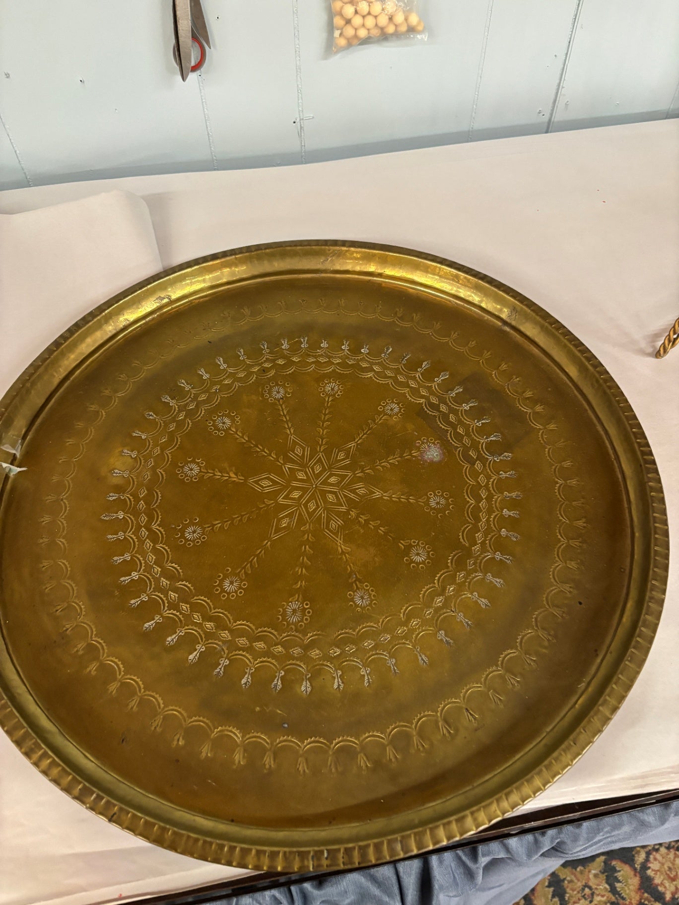 Large Vintage Hand-Etched Brass Serving Tray with Floral & Geometric Medallion Design