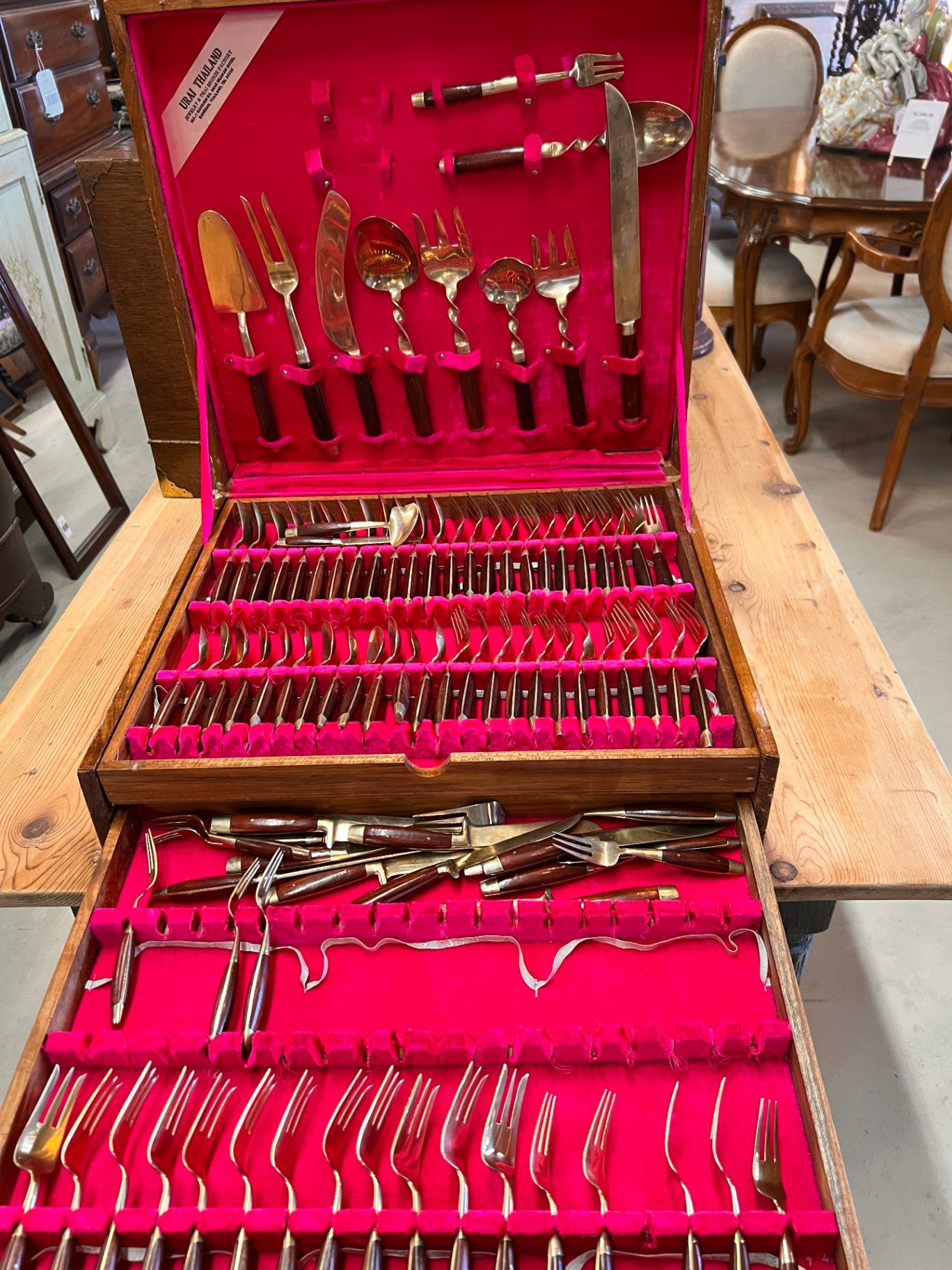 Vintage Urai Thailand Gold-Tone Flatware Set in Original Wood Chest – Rosewood Handles, Service for 12+ with Serving Pieces