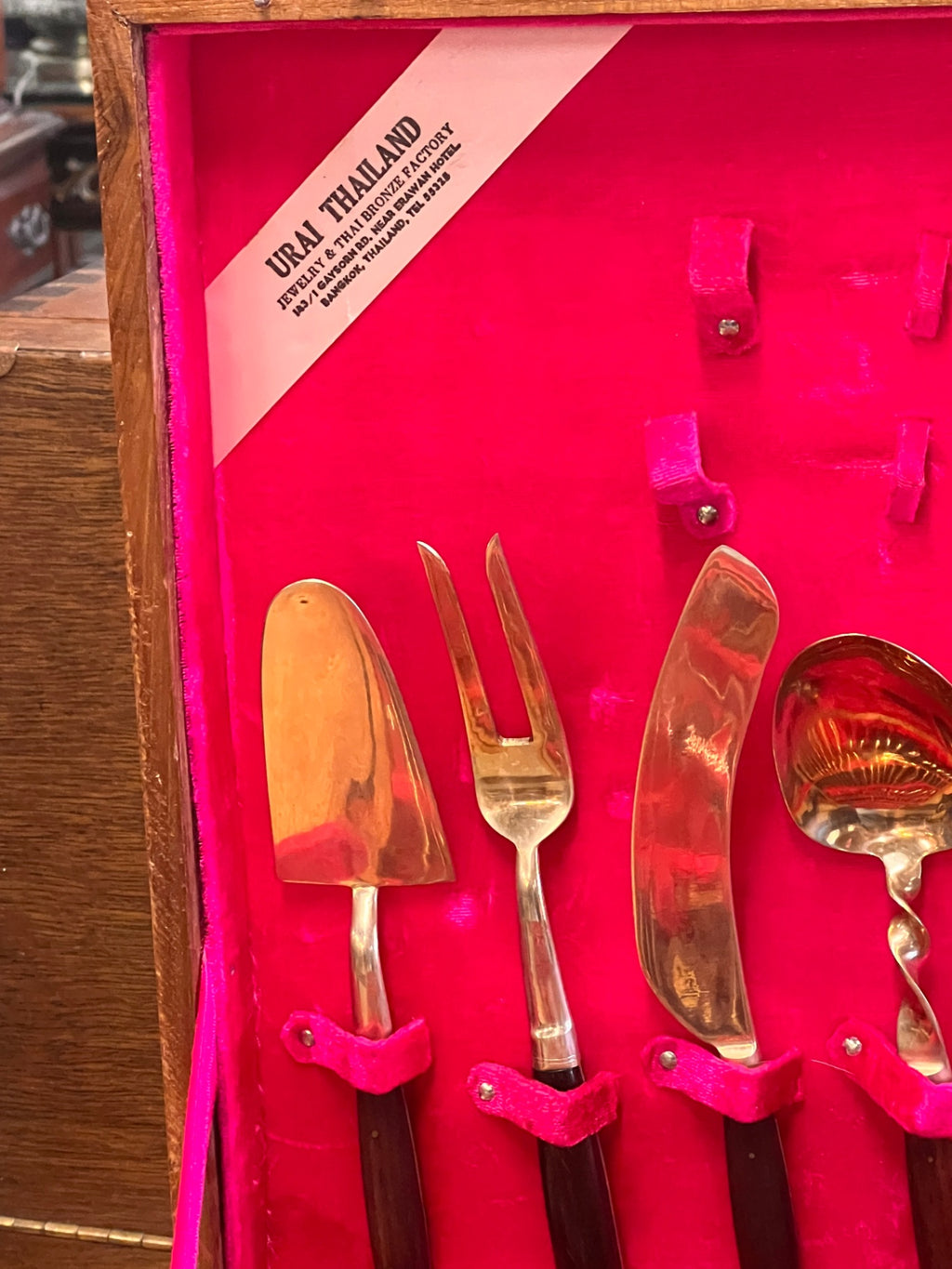 Vintage Urai Thailand Gold-Tone Flatware Set in Original Wood Chest – Rosewood Handles, Service for 12+ with Serving Pieces