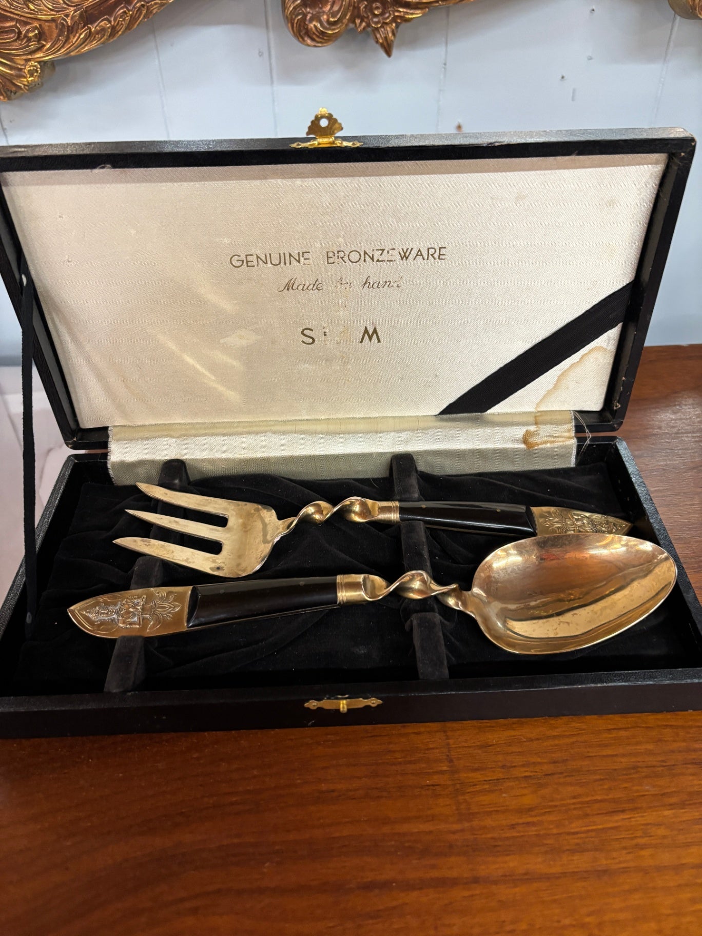 Vintage Genuine Bronzeware Handcrafted 2-Piece Salad Serving Set in Original Presentation Box – Twisted Bronze & Black Handles